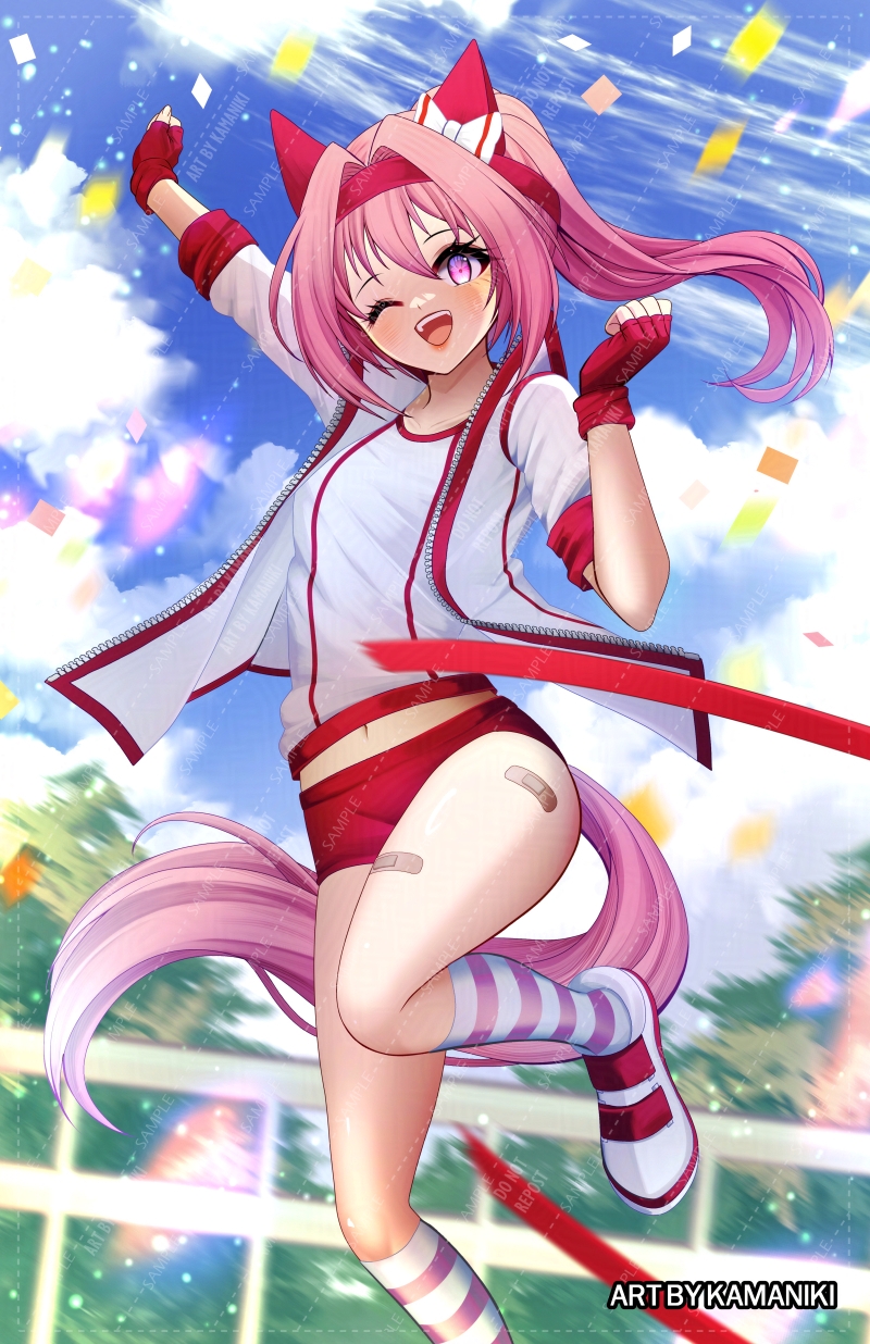 kamaniki, haru urara (bestest prize) (umamusume), haru urara (umamusume), umamusume, commentary, highres, 1girl, animal ears, bandaid, bandaid on leg, blue sky, blush, bow, breasts, buruma, cloud, collarbone, confetti, ear bow, ear covers, fingerless gloves, flower-shaped pupils, flower in eye, gloves, hairband, headband, horse ears, horse girl, horse tail, jacket, long hair, looking at viewer, midriff peek, navel, one eye closed, open mouth, outdoors, pink buruma, pink eyes, pink hair, pink headband, ponytail, red buruma, red gloves, red headband, shirt, shoes, sky, small breasts, smile, socks, solo, striped clothes, striped socks, symbol-shaped pupils, symbol in eye, tail, teeth, upper teeth only, white jacket, white shirt