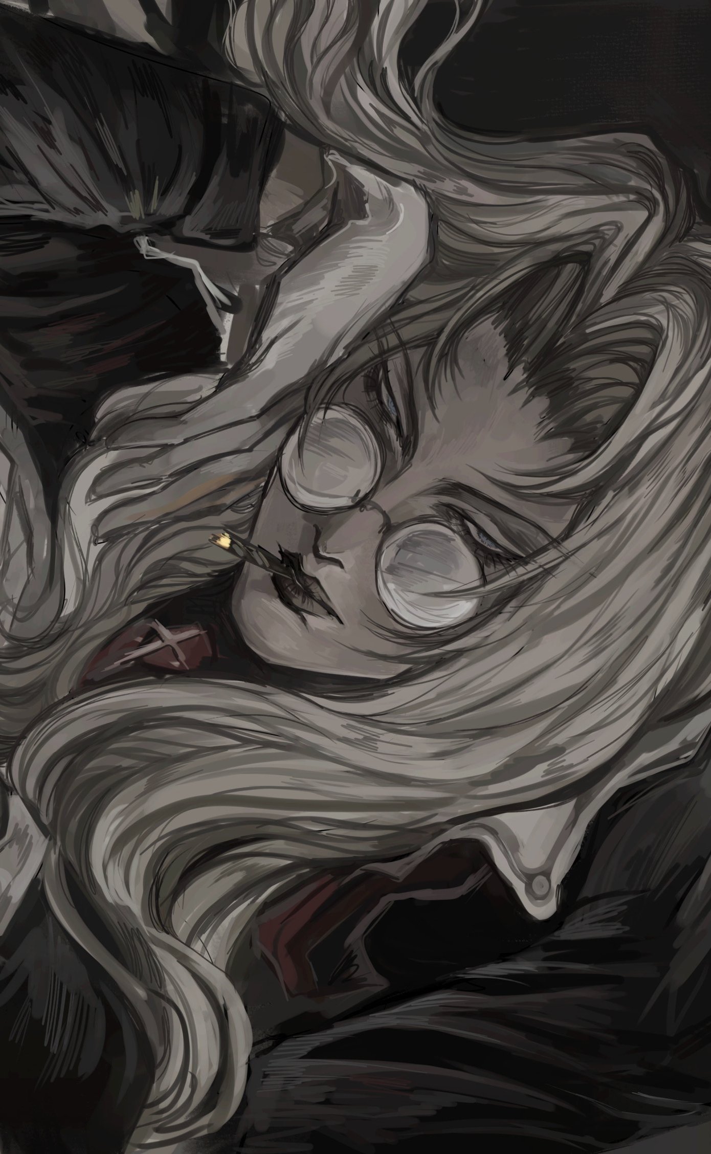 qwt00tt, integra hellsing, hellsing, hashtag-only commentary, highres, 1girl, blonde hair, cigarette, close-up, curtained hair, gloves, hair intakes, half-closed eyes, long hair, portrait, round eyewear, smoking, solo, white gloves
