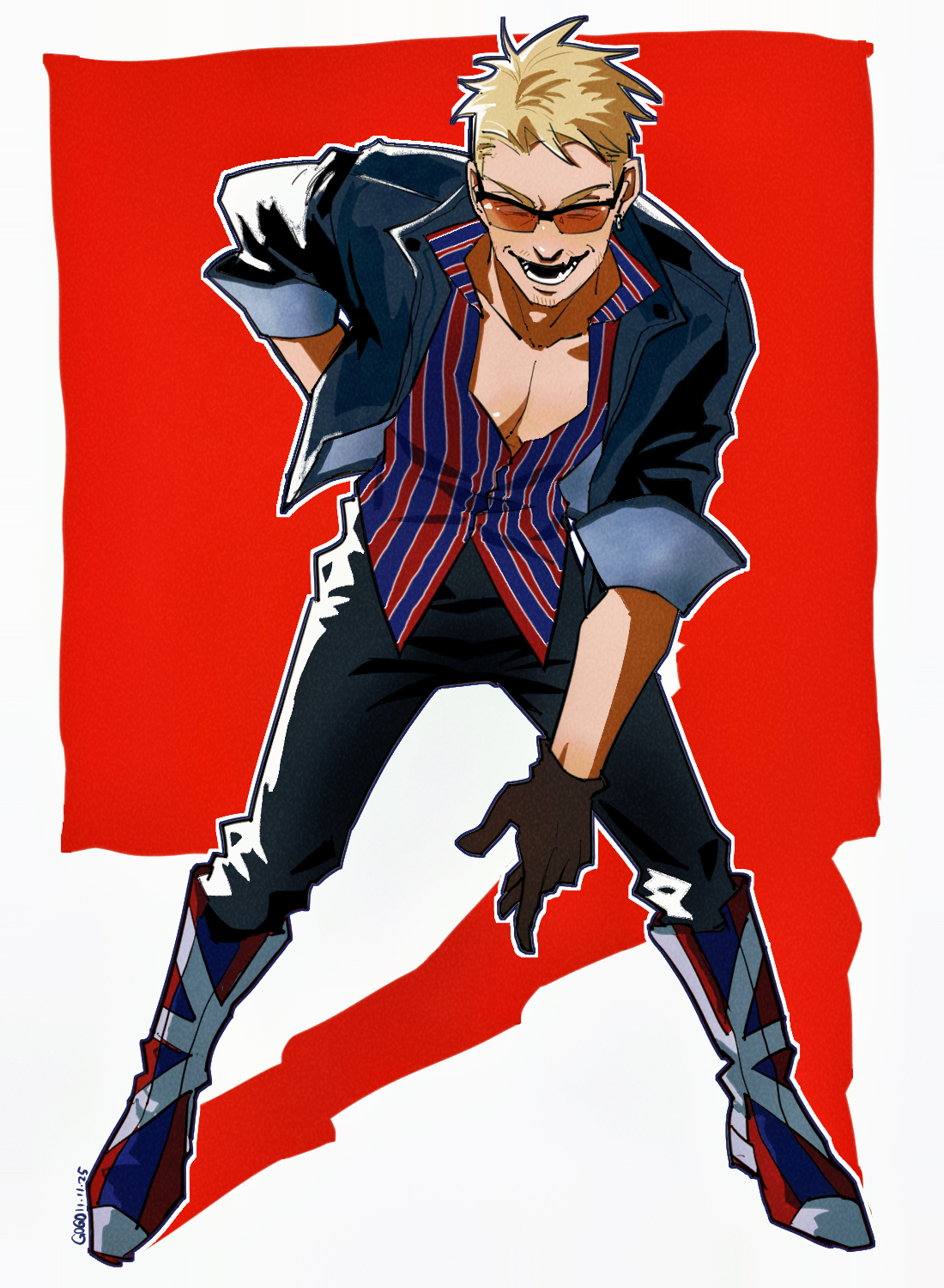 billy kane, fatal fury, fatal fury: city of the wolves, skinny jeans, commentary, english commentary, highres, 1boy, black gloves, black pants, blonde hair, blue eyes, blue jacket, blue skirt, boots, collared shirt, earrings, facial hair, full body, gloves, goatee stubble, jacket, jewelry, knee boots, leaning forward, leather, leather jacket, looking at viewer, male focus, multicolored jacket, open mouth, pants, partially unbuttoned, pectoral cleavage, pectorals, plasticcero99, popped collar, red-tinted eyewear, red shirt, shirt, short hair, simple background, single earring, skirt, smile, solo, standing, striped clothes, striped shirt, stubble, sunglasses, tinted eyewear, two-tone jacket, union jack, untucked shirt, v-shaped eyebrows, vertical-striped clothes, vertical-striped shirt