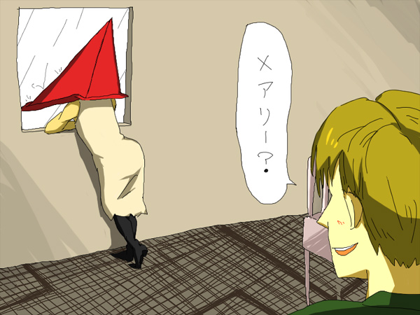 mattini, matty (waritto), james sunderland, pyramid head, silent hill, silent hill (series), bad id, bad pixiv id, translated, 2boys, bad end, blush, multiple boys, rain, window