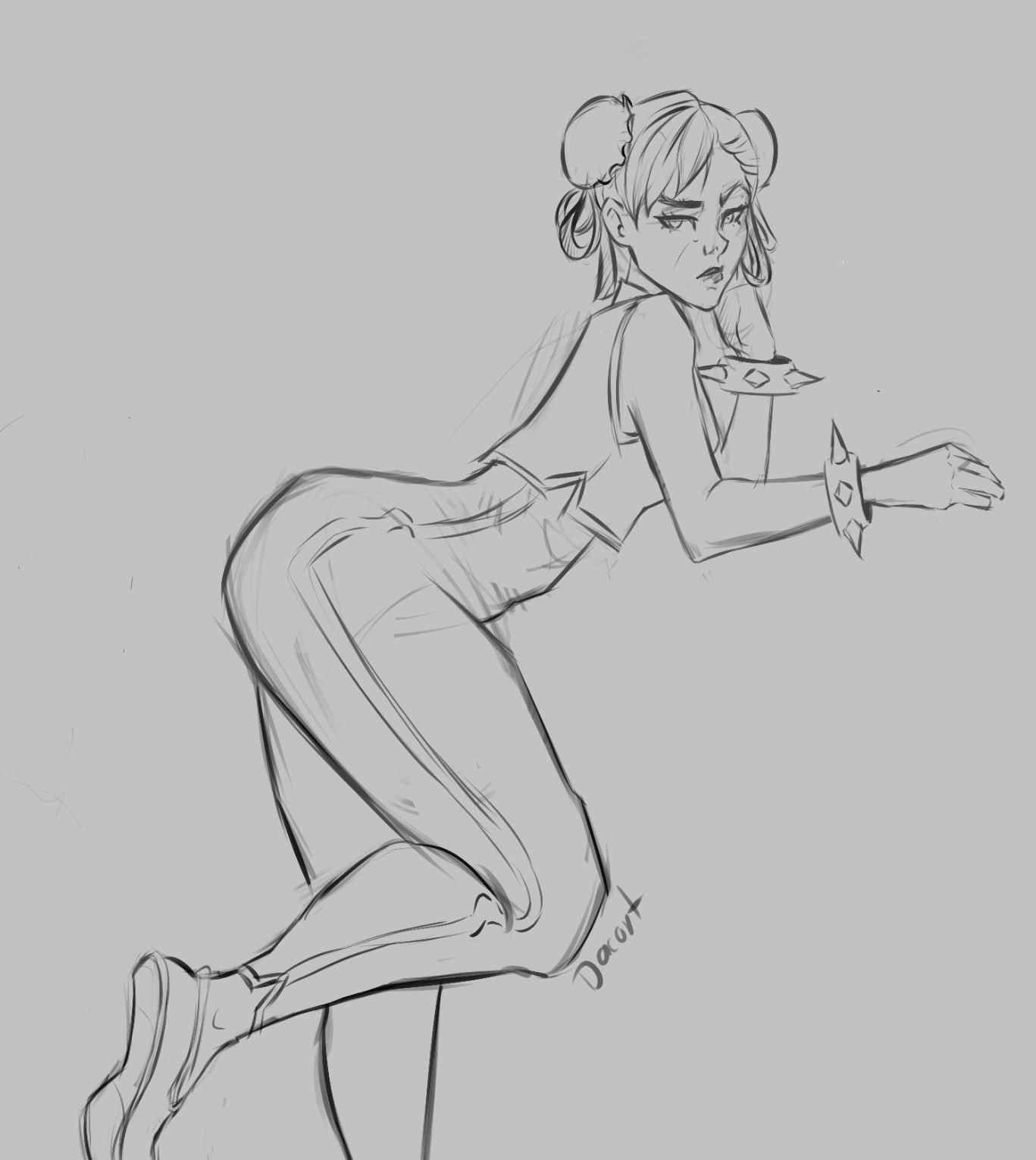 chun-li, capcom, street fighter, commentary, english commentary, highres, 1girl, greyscale, lineart, monochrome, sketch, solo