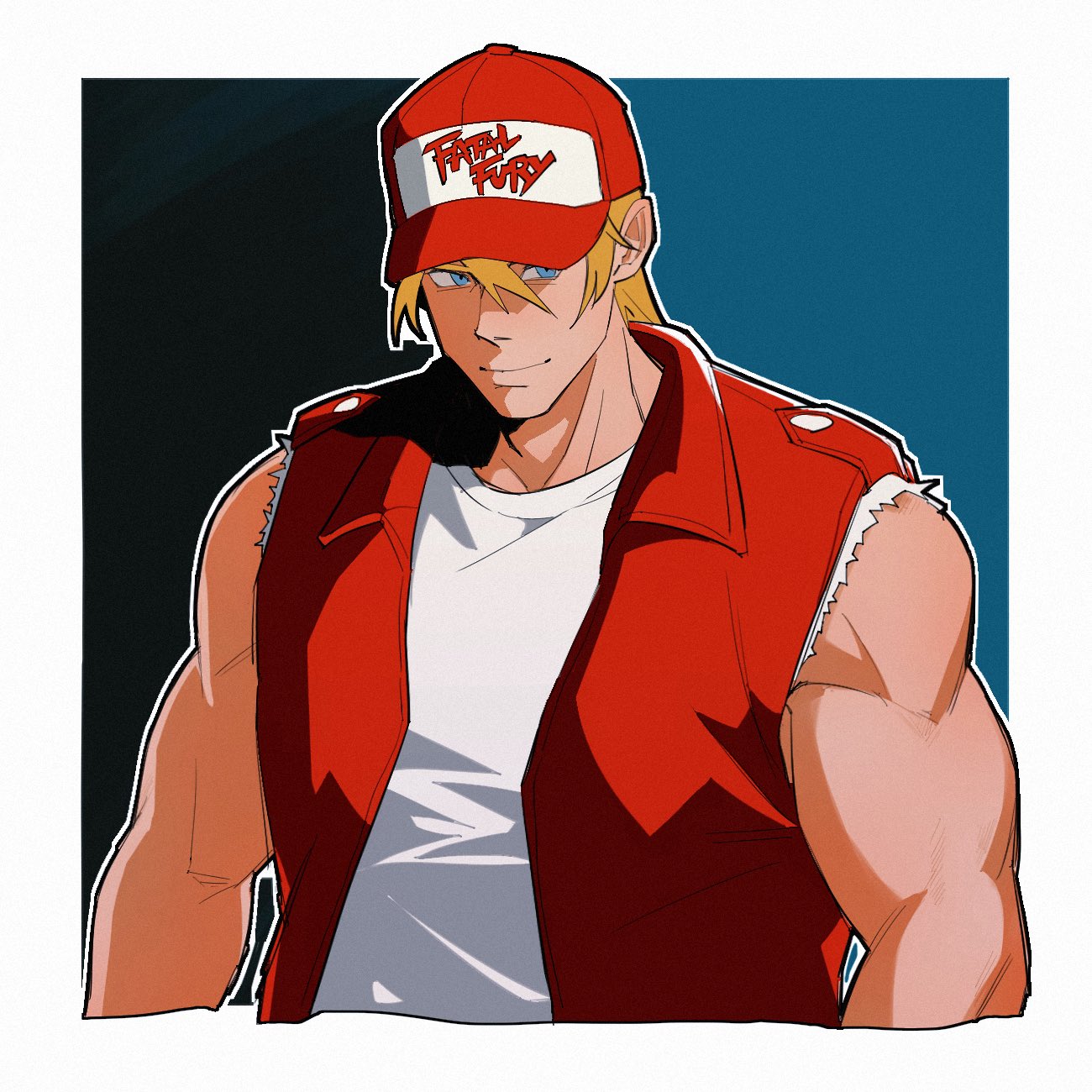 terry bogard, fatal fury, the king of fighters, highres, 1boy, baseball cap, blonde hair, blue eyes, closed mouth, cropped arms, cropped torso, fatal fury cap, fingerless gloves, gloves, hair between eyes, hat, jacket, long hair, looking at viewer, male focus, muscular, muscular male, plasticcero99, red jacket, shirt, sleeveless, sleeveless jacket, sleeveless shirt, smile, solo, t-shirt, upper body, white shirt