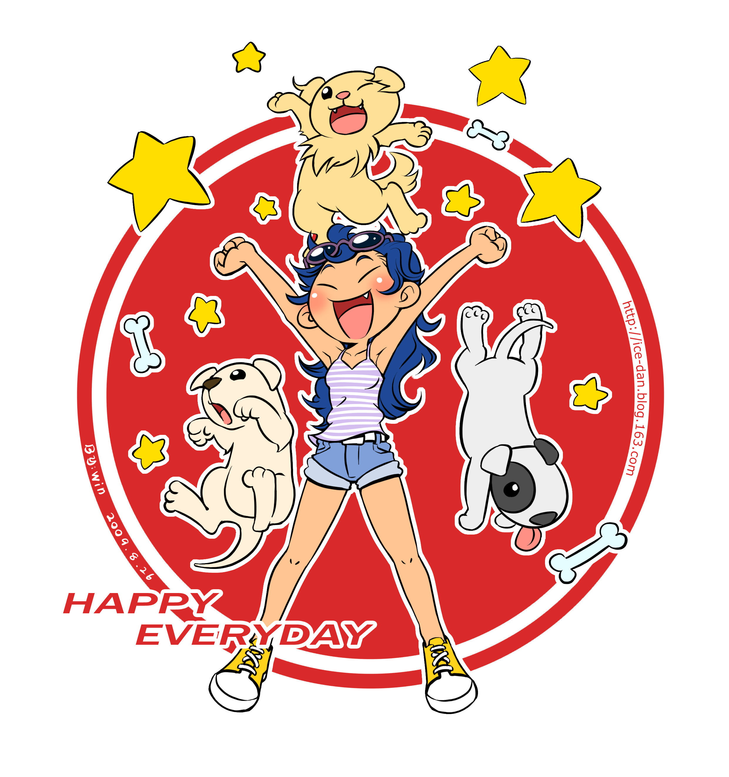 xietong win, absurdres, highres, 1girl, ^ ^, blue hair, bone, closed eyes, denim, denim shorts, dog, english text, fang, long hair, one eye closed, shorts, star (symbol), sunglasses, tank top, text focus, tongue, wink