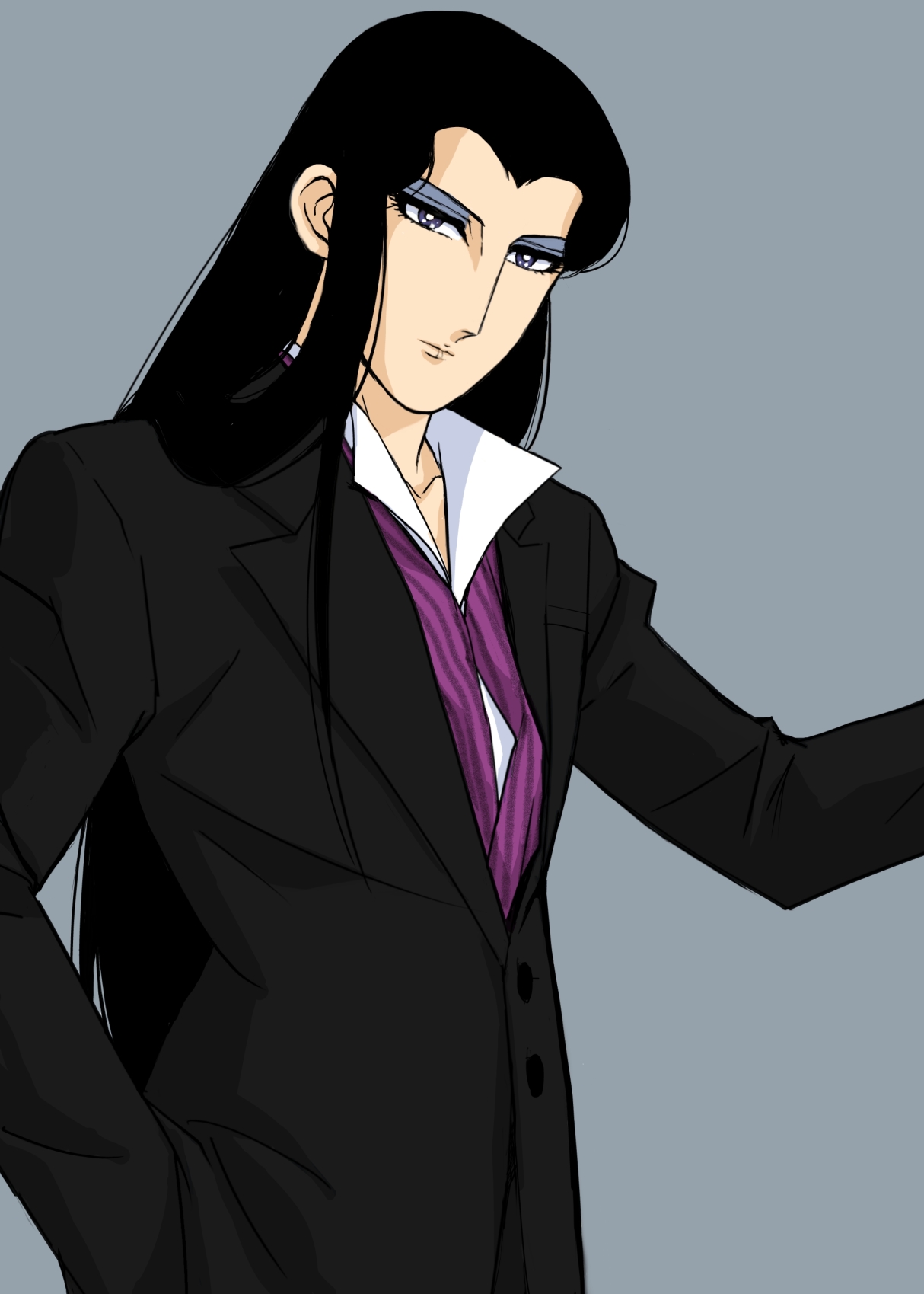 jack barbarosa bancoran, patalliro!, 1980s (style), commentary request, highres, 1boy, androgynous, black hair, black jacket, blue eyeshadow, closed mouth, cowboy shot, eyeshadow, grey background, grey eyes, hand in pocket, jacket, long hair, long sleeves, looking at viewer, maboroshi-no-yoru, makeup, male focus, official style, oldschool, retro artstyle, simple background, solo, standing, stole, suit jacket, undershirt, very long hair