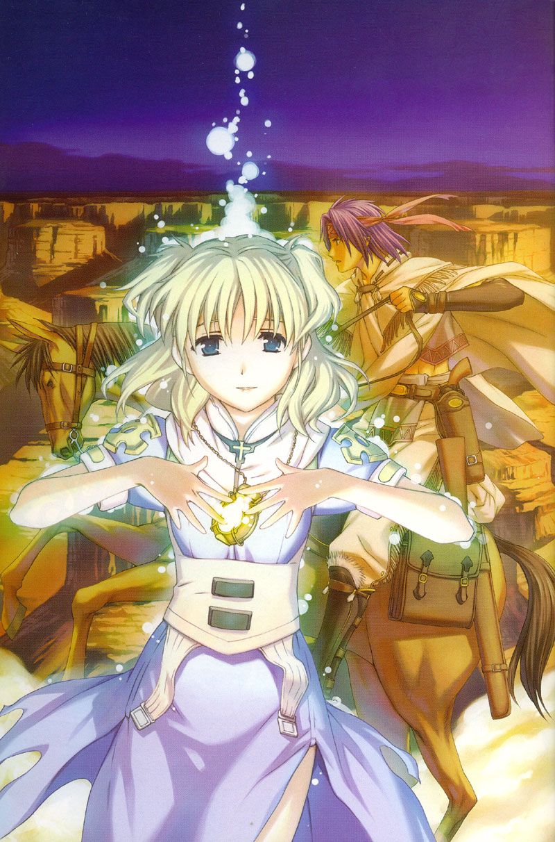 moriyama daisuke, chrono, rosette christopher, chrno crusade, kadokawa shoten, highres, official art, scan, 1boy, 1girl, bag, blonde hair, blue eyes, boots, couple, cross, dress, glowing, gun, hetero, horse, jewelry, looking at viewer, mountain, necklace, nun, profile, purple hair, scenery, short hair, short twintails, sky, smile, twintails, watch, weapon, wristwatch