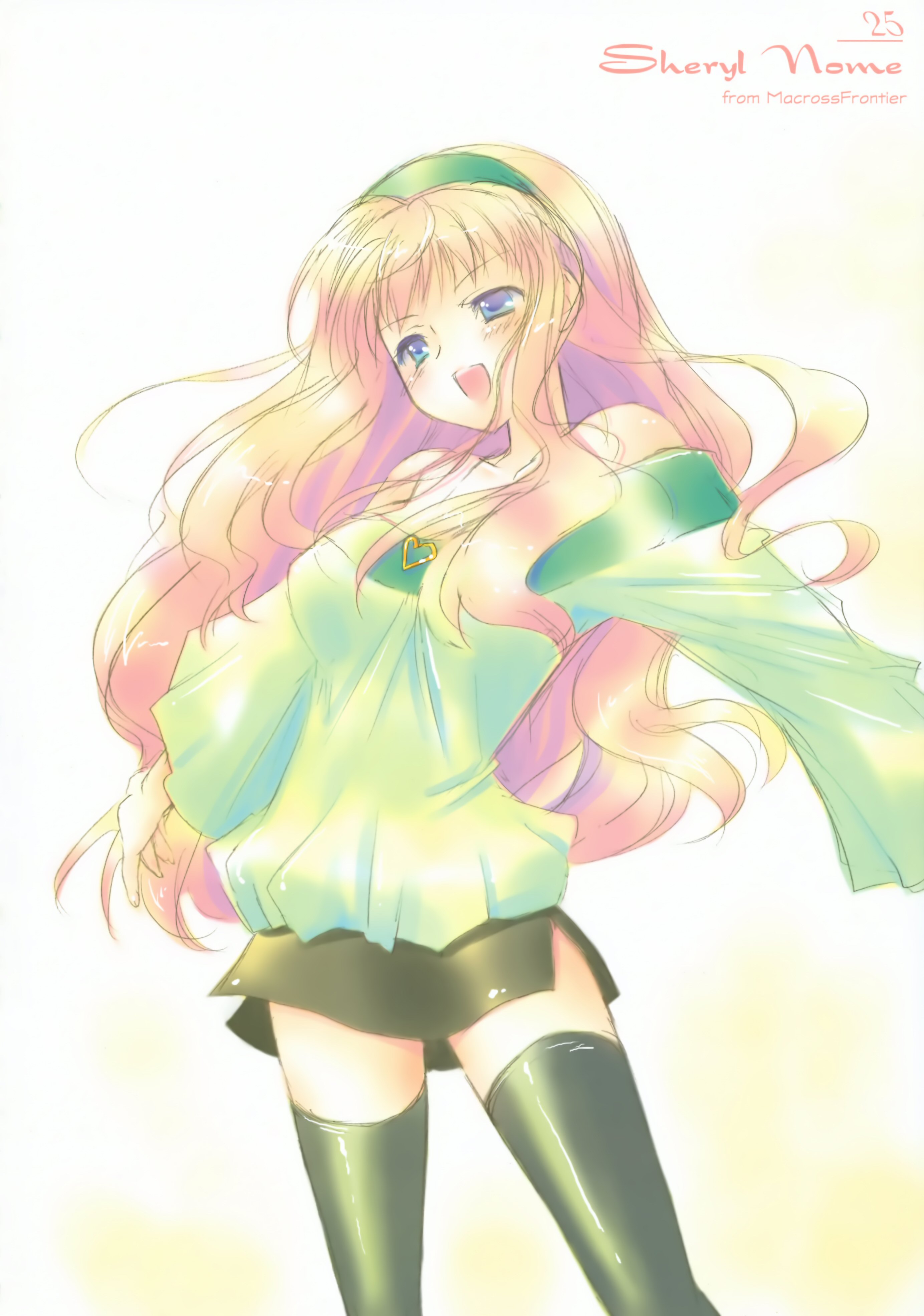 alto seneka, rusty soul, sheryl nome, macross, macross frontier, absurdres, highres, scan, 00s, 1girl, :d, blonde hair, blue eyes, female focus, gradient background, jewelry, necklace, open mouth, smile, solo, thighhighs, white background