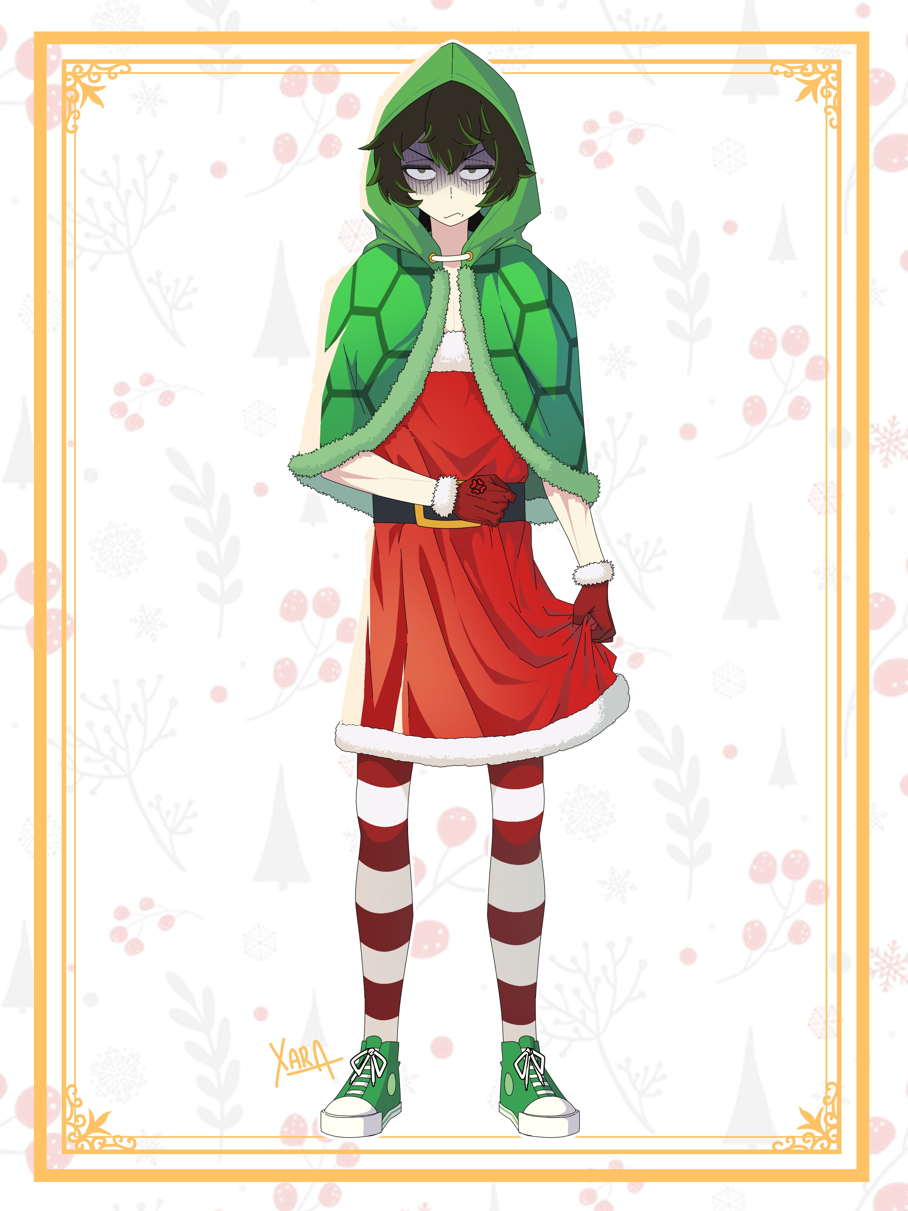 vedal987, absurdres, commentary, english commentary, highres, 1boy, anger vein, border, closed mouth, dress, full body, fur-trimmed gloves, fur-trimmed hoodie, fur trim, gloom (expression), gloves, green eyes, green hair, green hoodie, green shorts, hair between eyes, hood, hoodie, male focus, ornate border, personification, red dress, red gloves, shoes, short hair, shorts, signature, skirt hold, sneakers, solo, standing, striped clothes, striped thighhighs, thighhighs, vedal ai, xarakura xara