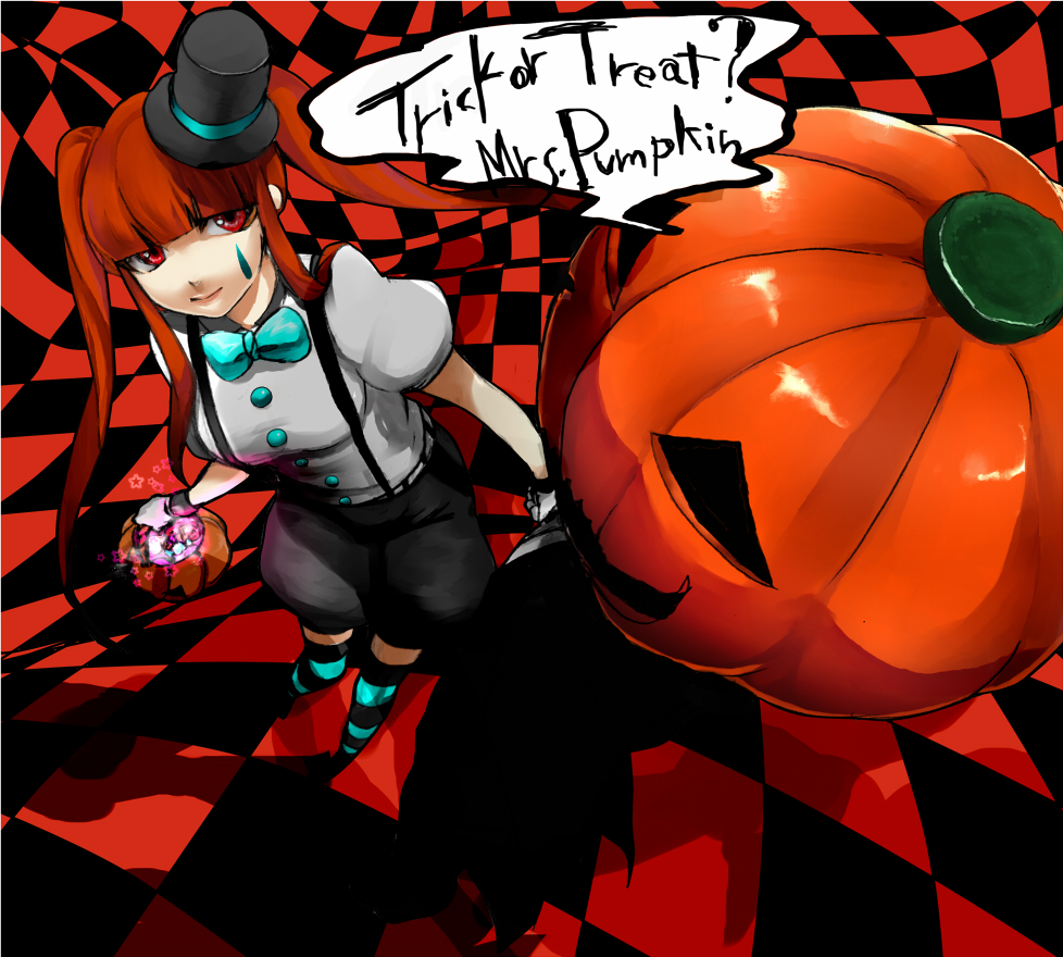 508, hatsune miku, mrs.pumpkin no kokkei na yume (vocaloid), vocaloid, bad id, bad pixiv id, 1girl, blunt bangs, bow, female focus, gloves, halloween, hat, hime cut, jack-o'-lantern, long hair, mini hat, mini top hat, orange hair, pumpkin, red eyes, solo, striped clothes, striped thighhighs, suspenders, thighhighs, top hat, trick or treat, twintails