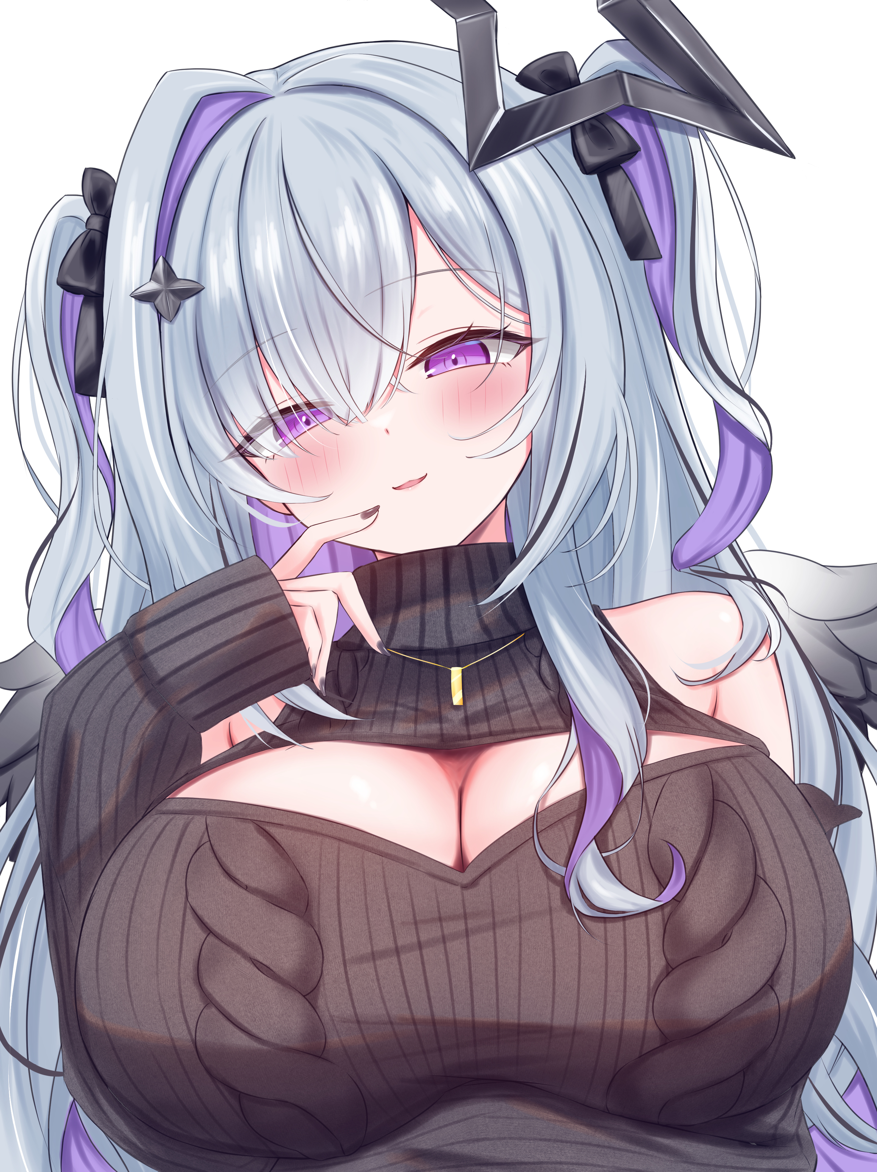 hijiriririn, amane konata, hololive, absurdres, commentary request, highres, 1girl, angel, angel wings, arm under breasts, black nails, black sweater, blush, breasts, cable knit, cleavage, cleavage cutout, clothing cutout, halo, huge breasts, large breasts, looking at viewer, nail polish, open mouth, purple eyes, purple streaks, smile, solo, star halo, sweater, two side up, virgin killer sweater, virtual youtuber, wings