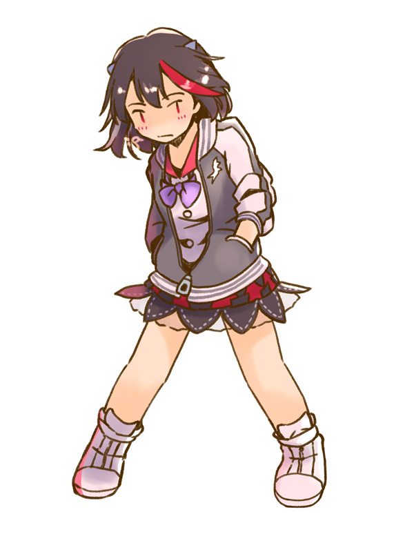 rangycrow, kijin seija, touhou, commentary request, 1girl, alternate costume, black hair, black jacket, black skirt, blue bow, blue bowtie, blush, bow, bowtie, buttons, collar, full body, hands in pockets, jacket, light frown, long sleeves, miniskirt, red collar, red eyes, red streaks, see-through clothes, see-through skirt, shirt, shoes, sideways glance, simple background, skirt, small horns, solo, white background, white shirt, white shoes, zipper pull tab, | |