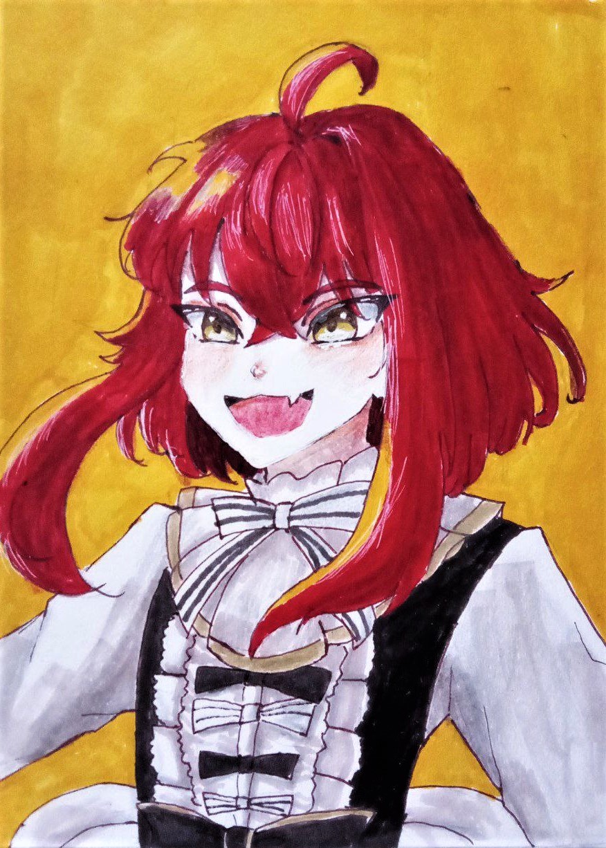 hahn (grimms notes), grimms notes, artist request, source request, traditional media, 1boy, black vest, fang, male focus, medium hair, red hair, shirt, skin fang, smile, solo, tongue, vest, white shirt, yellow background, yellow eyes