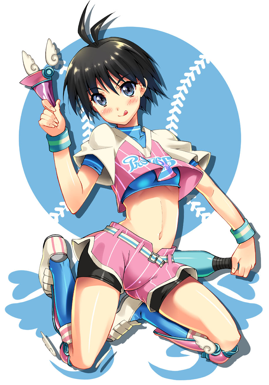 shinozuka atsuto, kikuchi makoto, idolmaster, idolmaster (classic), highres, 00s, 1girl, :q, antenna hair, baseball, belt, bike shorts, black hair, blue eyes, blush, female focus, full body, navel, raglan sleeves, short hair, shorts, solo, tongue, tongue out