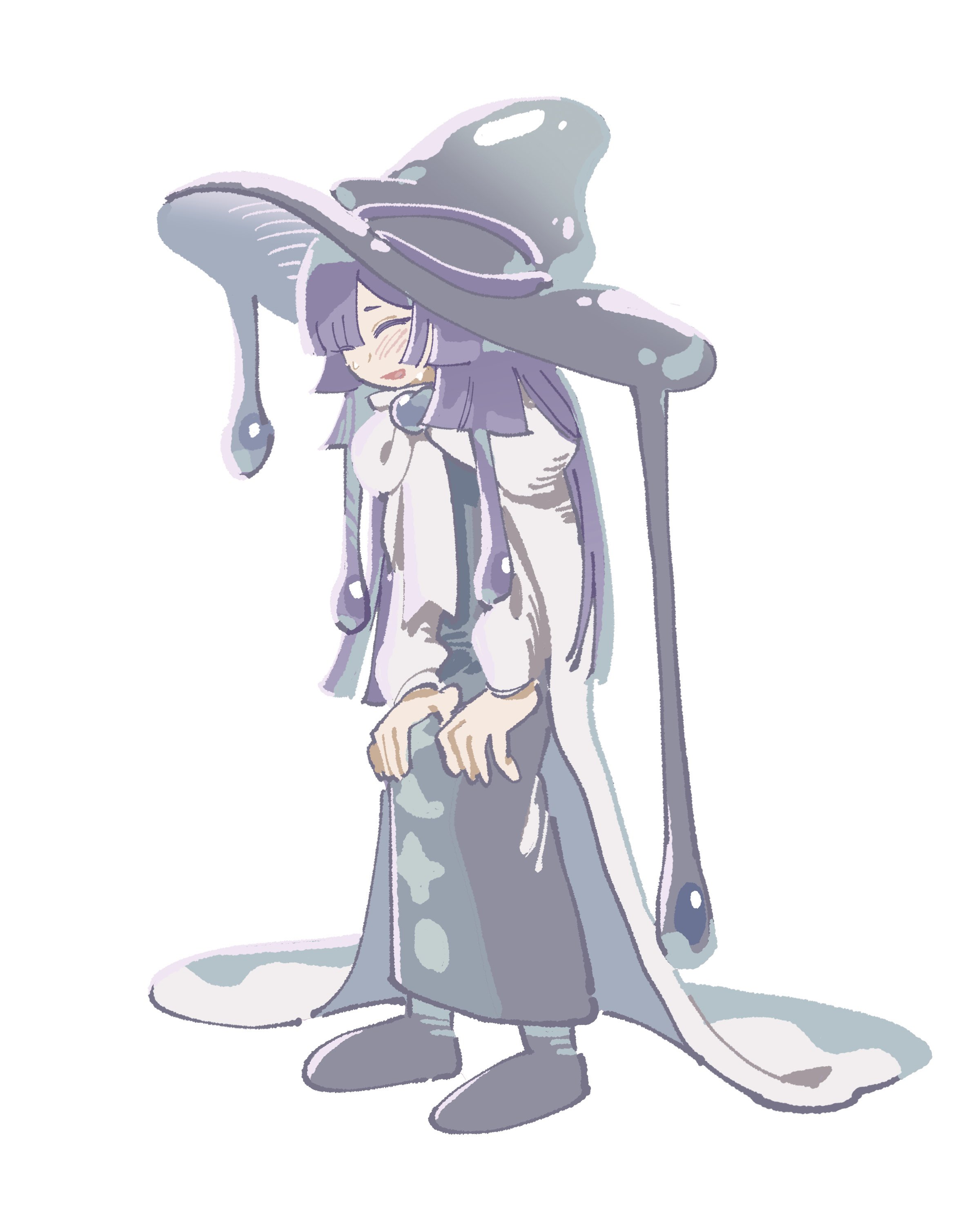 rude rudy, prune juice cookie, cookie run, cookie run: kingdom, blue gem, absurdres, commentary, highres, symbol-only commentary, 1boy, :d, ^ ^, black dress, black hat, black shoes, blunt bangs, blunt ends, brooch, cape, closed eyes, crossdressing, crossdressing (mtf), dress, facing ahead, full body, fur-trimmed cape, fur trim, gem, hair over one eye, hands on own knees, hat, humanization, jewelry, large hat, light blush, long dress, long hair, long sleeves, male focus, one eye covered, open mouth, puffy long sleeves, puffy sleeves, purple hair, purple hat, shoes, simple background, smile, solo, standing, trap, very long hair, white background, white cape, white sleeves, witch hat