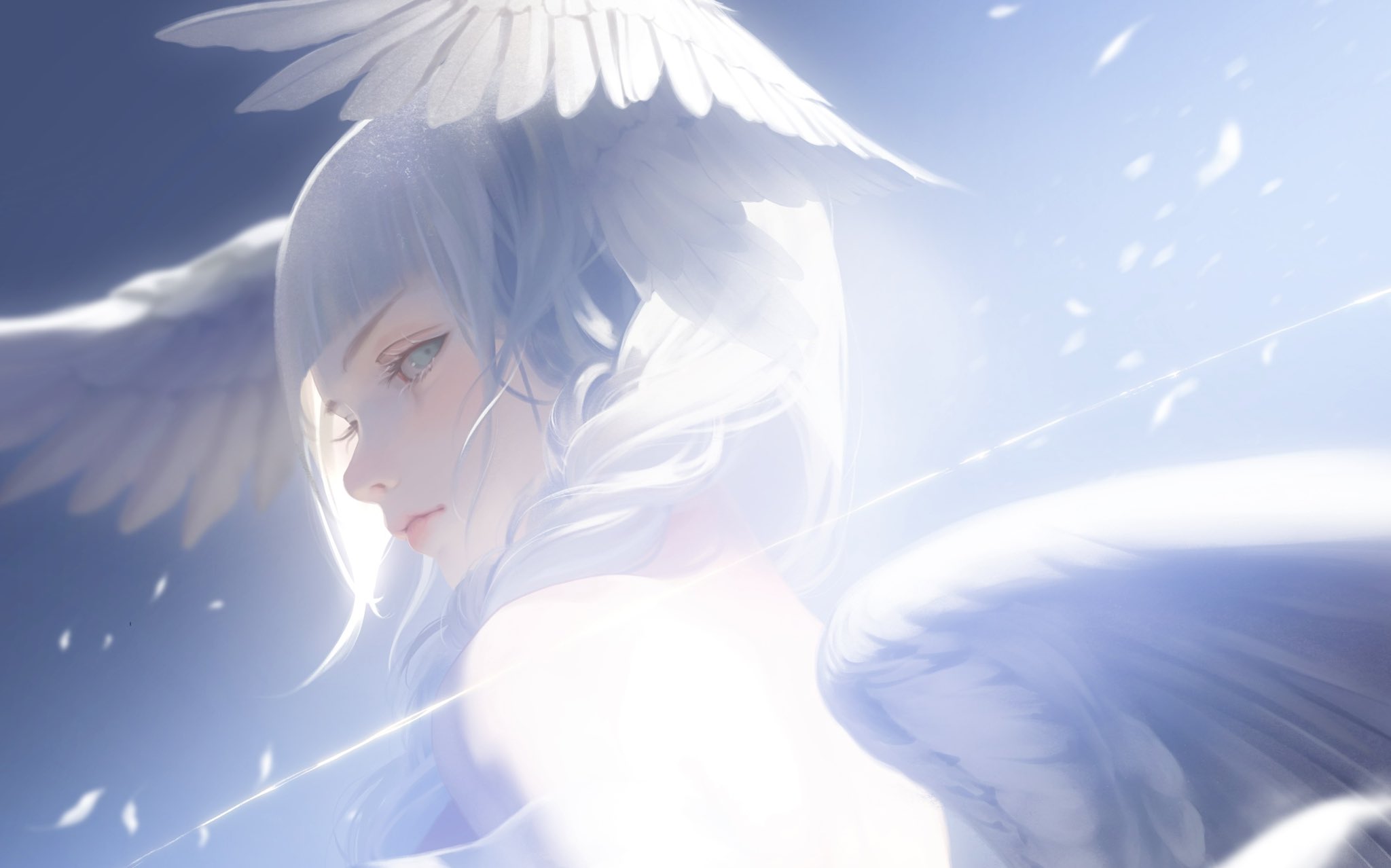 bani-lizo, original, commentary request, highres, 1girl, aqua eyes, bare shoulders, closed mouth, expressionless, feathered wings, feathers, head wings, looking at viewer, looking back, overexposure, portrait, solo, white hair, wings
