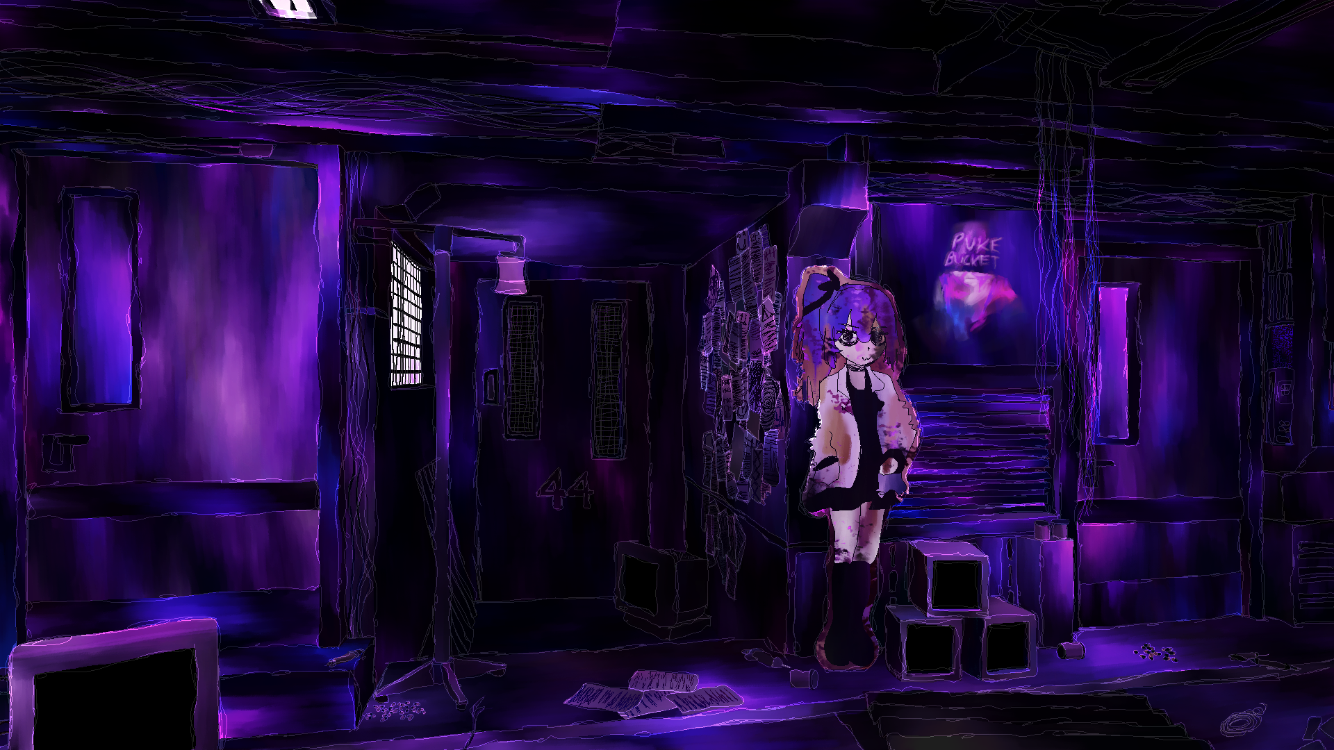 highres, non-web source, cardboard cutout, id and i, in-universe location, lolratz, messy room, no humans, purple theme, scenery, throwup club, tsurine (throwup club), window