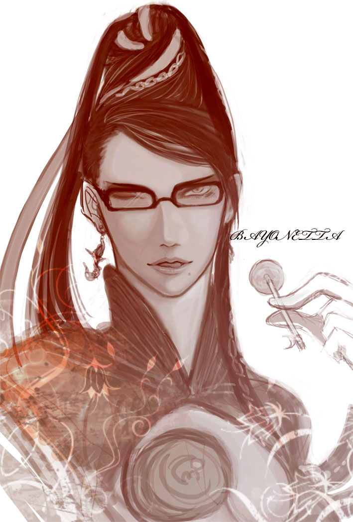 bayonetta, gintarou, bayonetta (series), candy, earrings, food, glasses, hair bun, jewelry, lollipop, long hair, mole, one eye closed, single hair bun, wink