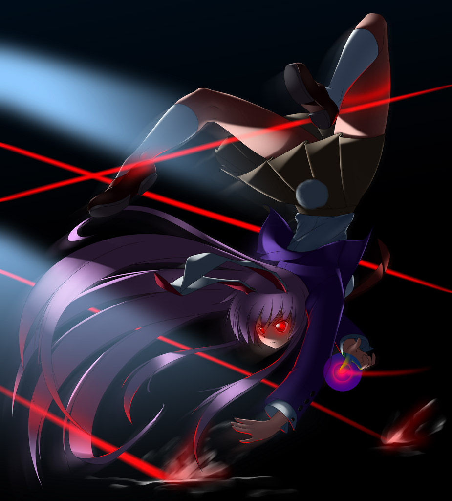 suematsu jerry, reisen udongein inaba, touhou, 1girl, animal ears, blazer, female focus, full body, glowing, glowing eyes, jacket, laser, long hair, necktie, photokinesis, pleated skirt, purple hair, rabbit ears, rabbit girl, rabbit tail, red eyes, skirt, socks, solo, tail, white socks