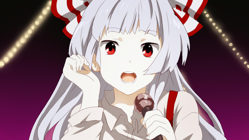 machiko (beard), fujiwara no mokou, kannagi, touhou, 1girl, fake screenshot, female focus, gradient background, long hair, microphone, music, open mouth, parody, red eyes, singing, solo, white hair
