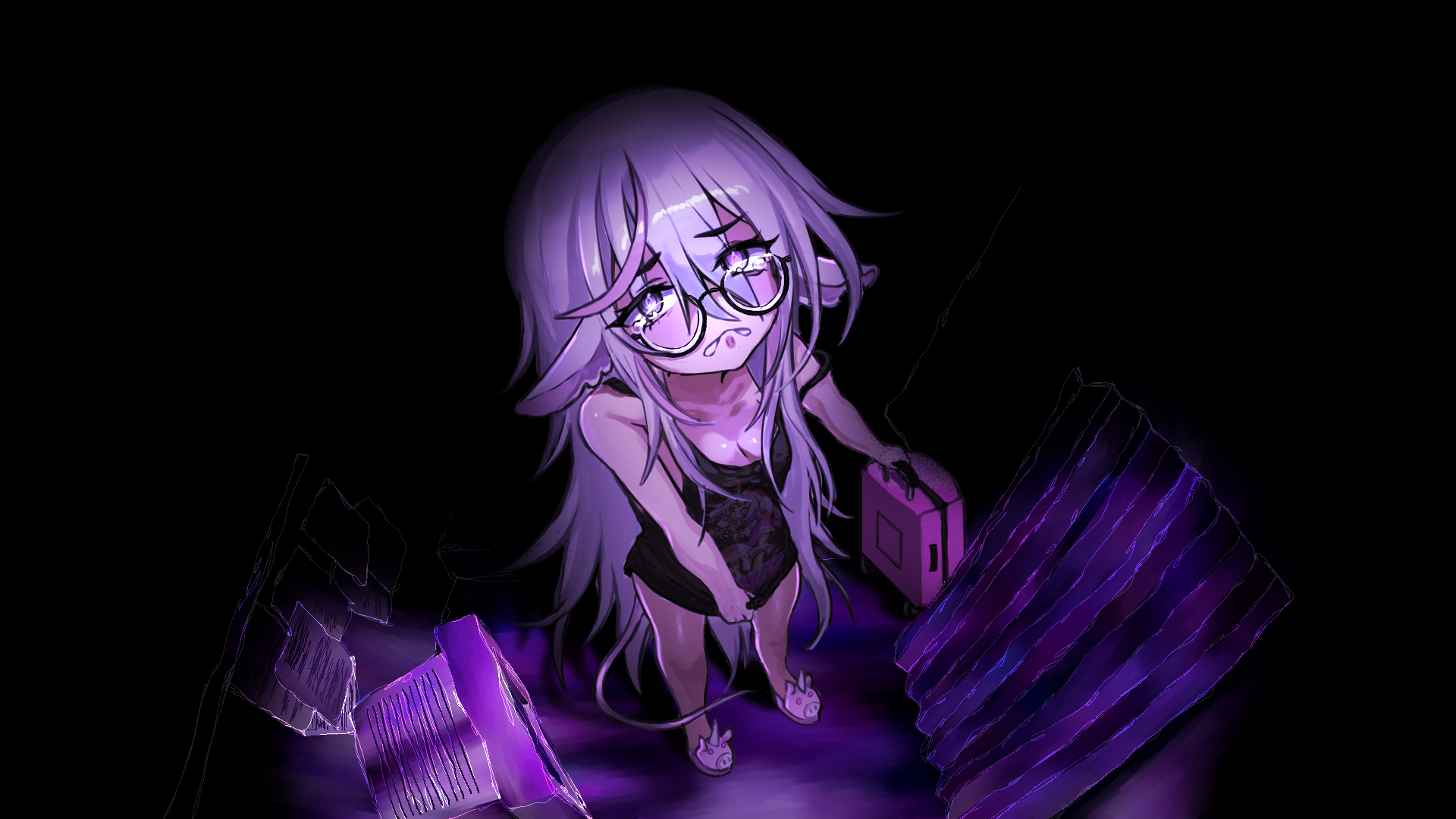 56koruru, highres, non-web source, official art, 1girl, animal ears, animal slippers, biting own lip, black dress, breasts, cleavage, crying, crying with eyes open, dress, dress tug, from above, full body, glasses, hair over shoulder, holding, holding suitcase, id and i, lolratz, long hair, pink hair, purple eyes, seraline, single hair streak, slippers, solo, suitcase, tail, tears, very long hair