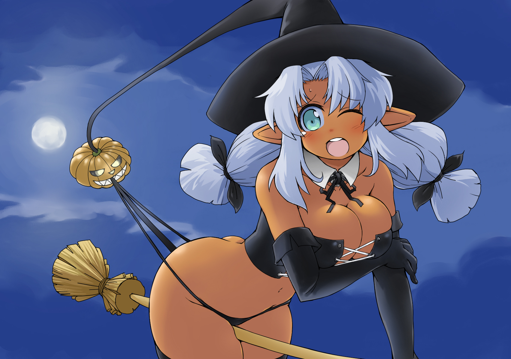 naitou kouse, original, highres, 1girl, bare shoulders, blue eyes, blue hair, blush, breasts, broom, broom riding, bustier, cleavage, corset, dark-skinned female, dark skin, elbow gloves, female focus, gloves, halloween, hat, jack-o'-lantern, lingerie, matching hair/eyes, navel, one eye closed, open mouth, pointy ears, pumpkin, solo, twintails, underwear, wedgie, wink, witch hat