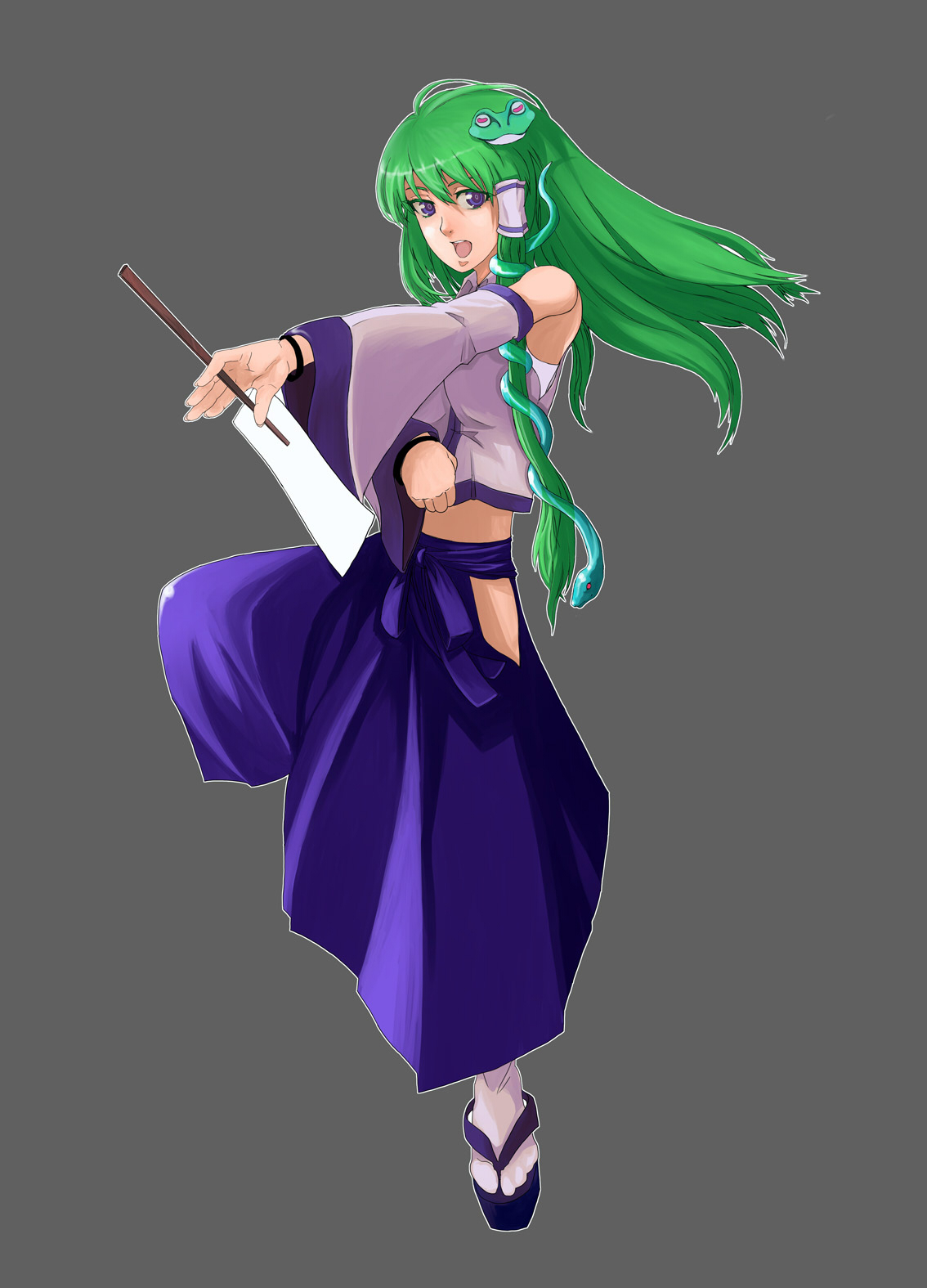 feifaye, kochiya sanae, touhou, highres, 1girl, detached sleeves, female focus, fighting stance, frog, green hair, hair ornament, japanese clothes, long hair, miko, simple background, snake, solo