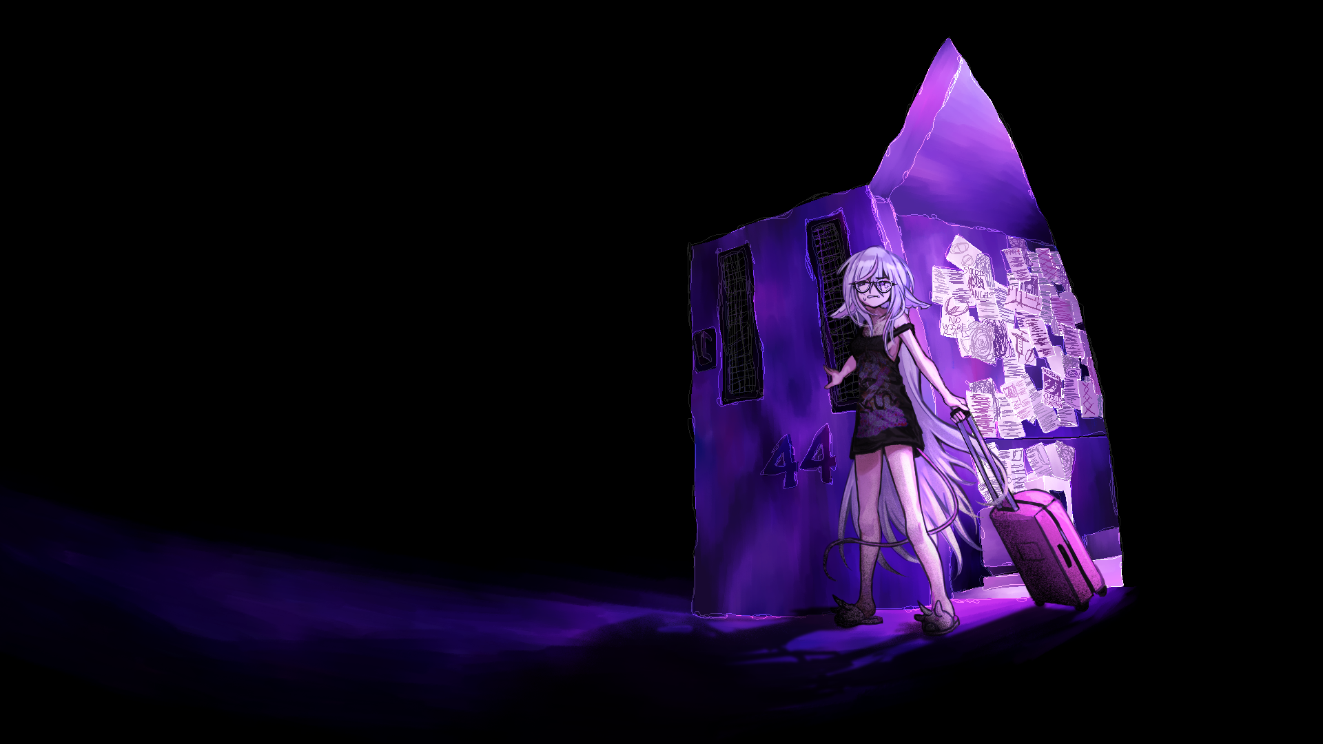 56koruru, highres, non-web source, 1girl, animal ears, animal slippers, black dress, crying, crying with eyes open, dress, full body, glasses, holding, holding suitcase, id and i, lolratz, long hair, off shoulder, pink eyes, pink hair, seraline, short dress, slippers, solo, standing, suitcase, tail, tears