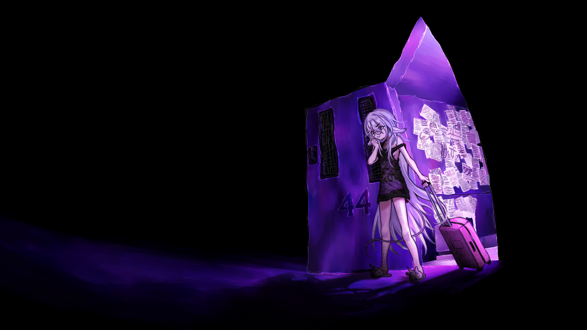 56koruru, highres, non-web source, 1girl, animal ears, animal slippers, black dress, clenched hand, crying, crying with eyes open, dress, full body, glasses, hand on own face, hand up, holding, holding suitcase, id and i, lolratz, long hair, off shoulder, pink eyes, pink hair, seraline, short dress, slippers, smirk, solo, standing, suitcase, tail, tears