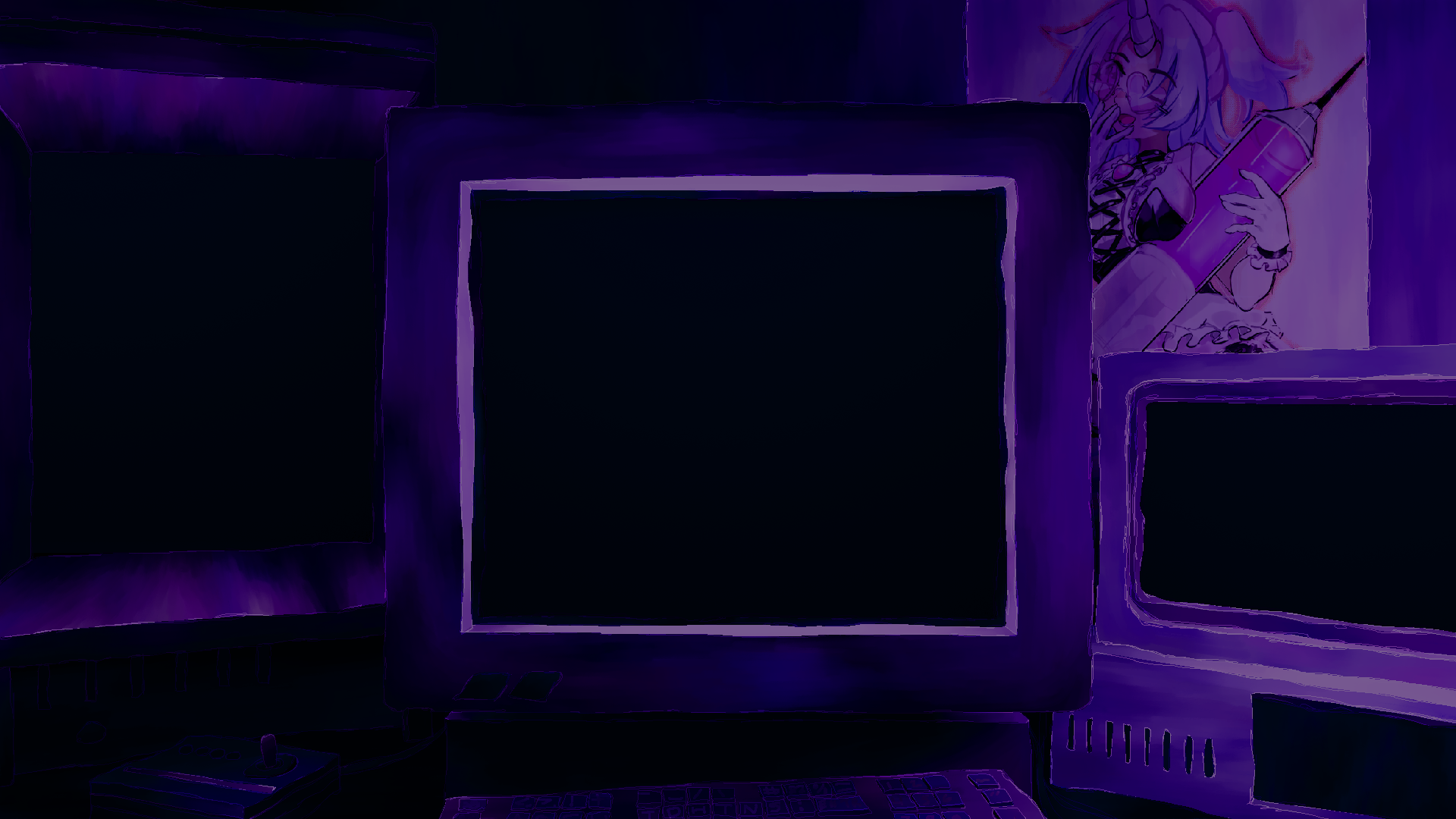 highres, non-web source, variant set, bedroom, computer keyboard, controller, crt, dark, dim lighting, id and i, indoors, joystick, lolratz, no humans, poster (object), purple theme, scenery