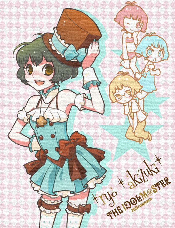 nanata (769), akizuki ryo, idolmaster, idolmaster dearly stars, 00s, antenna hair, bare shoulders, blush, brown eyes, chibi, cross, crossdressing, cute & girly (idolmaster), dress, dual persona, glasses, green hair, hat, jewelry, necklace, open mouth, short hair, smile, thighhighs, trap, wink