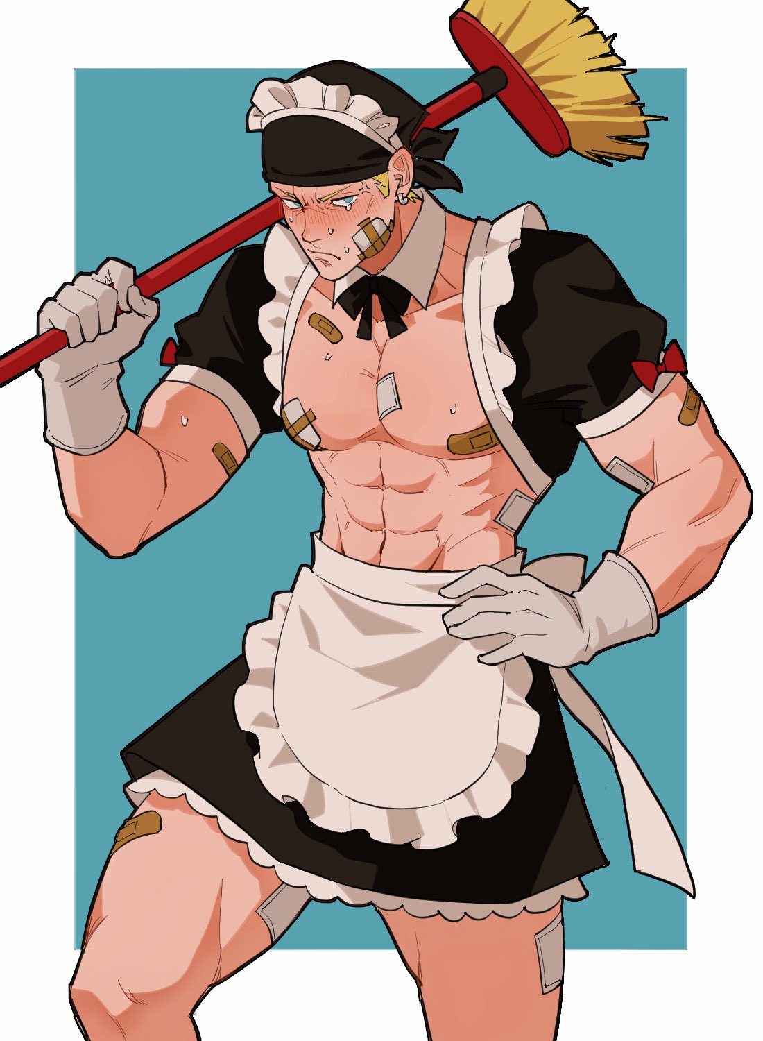billy kane, fatal fury, the king of fighters, commentary, english commentary, highres, 1boy, abs, alternate costume, anger vein, apron, bandaid, bandaid on chest, bandaid on leg, bandaids on nipples, bandana, black bandana, black skirt, blonde hair, blue eyes, blush, broom, closed mouth, crossdressing, crossdressing (mtf), crying, crying with eyes open, detached sleeves, embarrassed, enmaided, frown, gauze, gauze on cheek, gauze on nipple, gloves, holding, holding broom, maid, maid apron, maid headdress, male focus, muscular, muscular male, pasties, pectorals, plasticcero99, puffy short sleeves, puffy sleeves, short sleeves, skirt, solo, sweat, tears, topless male, waist apron, white gloves