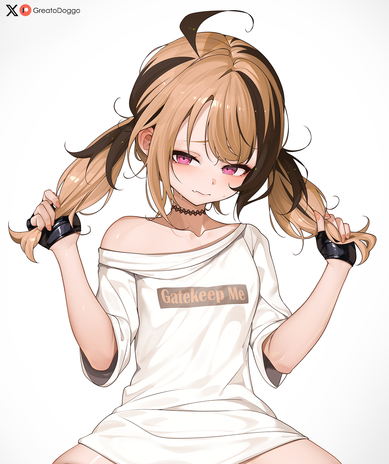 greatodoggo, gigi murin, hololive, hololive english, commentary, highres, 1girl, ahoge, black choker, black gloves, brown hair, choker, closed mouth, clothes writing, fang, fingerless gloves, fingernails, gloves, grabbing own hair, half gloves, hands up, holding, holding own hair, long hair, long shirt, looking at viewer, messy hair, multicolored hair, no pants, pink eyes, shirt, simple background, single off shoulder, skin fang, solo, straight-on, t-shirt, twintails, two-tone hair, virtual youtuber, white background, white shirt