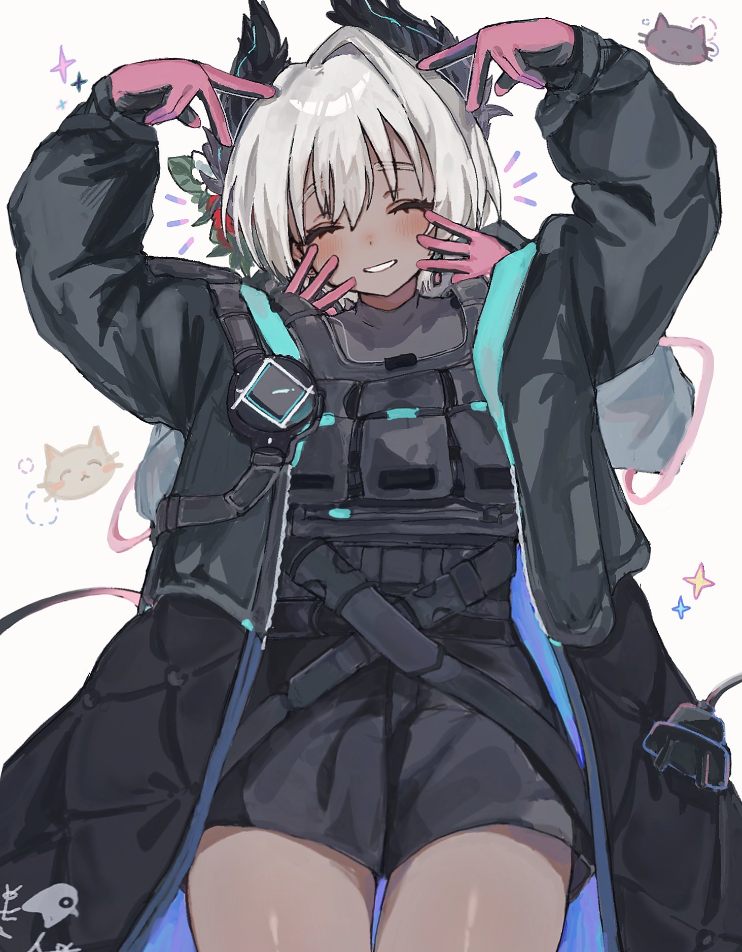 morita (pixiv31883607), raidian (arknights), arknights, commentary, highres, symbol-only commentary, 1girl, black coat, black shorts, cat, closed eyes, coat, dark-skinned female, dark skin, double v, gloves, grey hair, pink gloves, shorts, smile, v