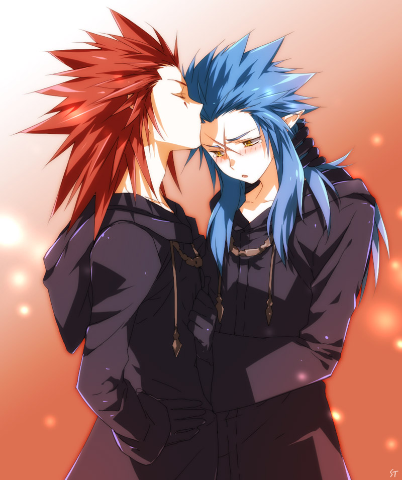 toujou sakana, axel, organization xiii, saix, kingdom hearts, clothes, bad id, bad pixiv id, 2boys, androgynous, black coat (kingdom hearts), blue hair, blush, closed eyes, coat, couple, facial mark, gloves, jacket, kiss, kissing forehead, long hair, male focus, multiple boys, pointy ears, red hair, scar, spiked hair, tattoo, tears, trench coat, yaoi, yellow eyes