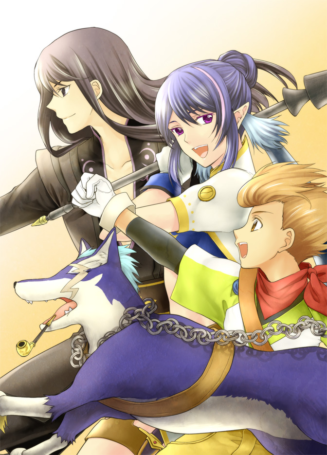 mikou (toromappo), judith (tales), karol capel, repede (tales), yuri lowell, tales of (series), tales of vesperia, 00s, 1girl, 2boys, black eyes, black hair, blue hair, brown eyes, brown hair, dog, gloves, kiseru, lance, long hair, multiple boys, pointy ears, polearm, purple eyes, scarf, smile, smoking pipe, spear, weapon