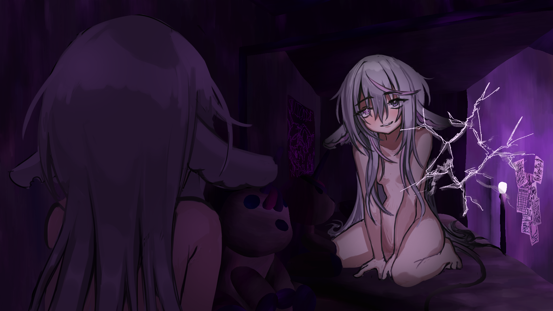 56koruru, highres, non-web source, 1girl, :d, animal ears, barefoot, bedroom, between legs, broken glass, completely nude, full body, glass, grin, hair over shoulder, hand between legs, head tilt, id and i, indoors, lolratz, long hair, looking at reflection, mattress, nipples, nude, open mouth, pink hair, reflection, reflection focus, seraline, sitting, skinny, smile, wariza