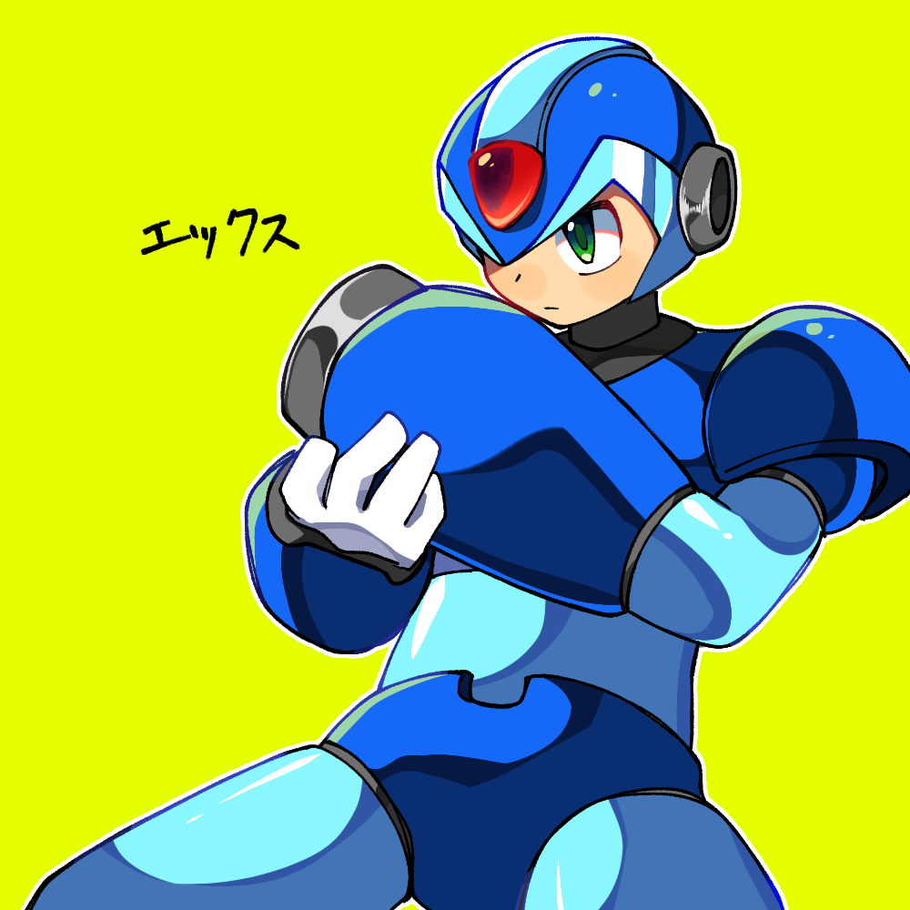 ritomasu (crsk4373), x (mega man), mega man (series), mega man x (series), commentary request, 1boy, arm cannon, blue bodysuit, blue helmet, bodysuit, closed mouth, gloves, green eyes, helmet, looking at viewer, solo, weapon, white gloves, yellow background