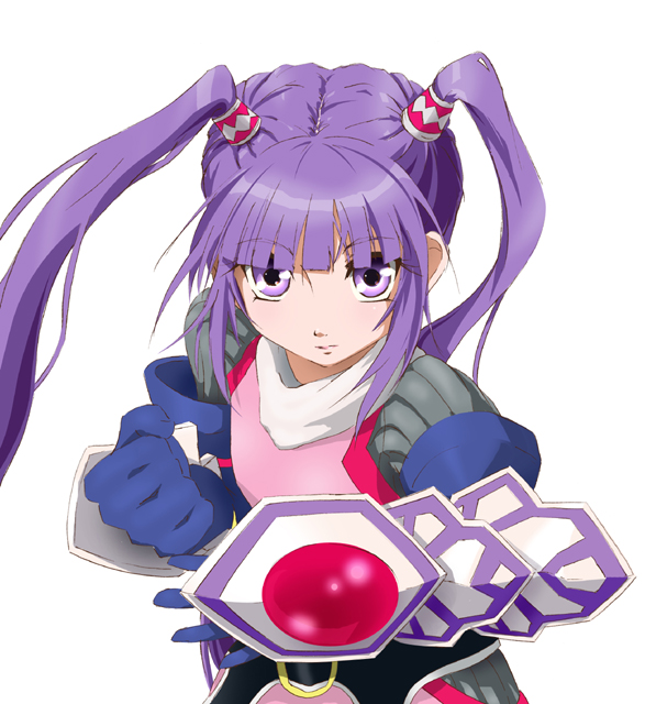 supisupi, sophie (tales), tales of (series), tales of graces, 1girl, female focus, gauntlets, gloves, long hair, purple eyes, purple hair, solo, twintails, white background