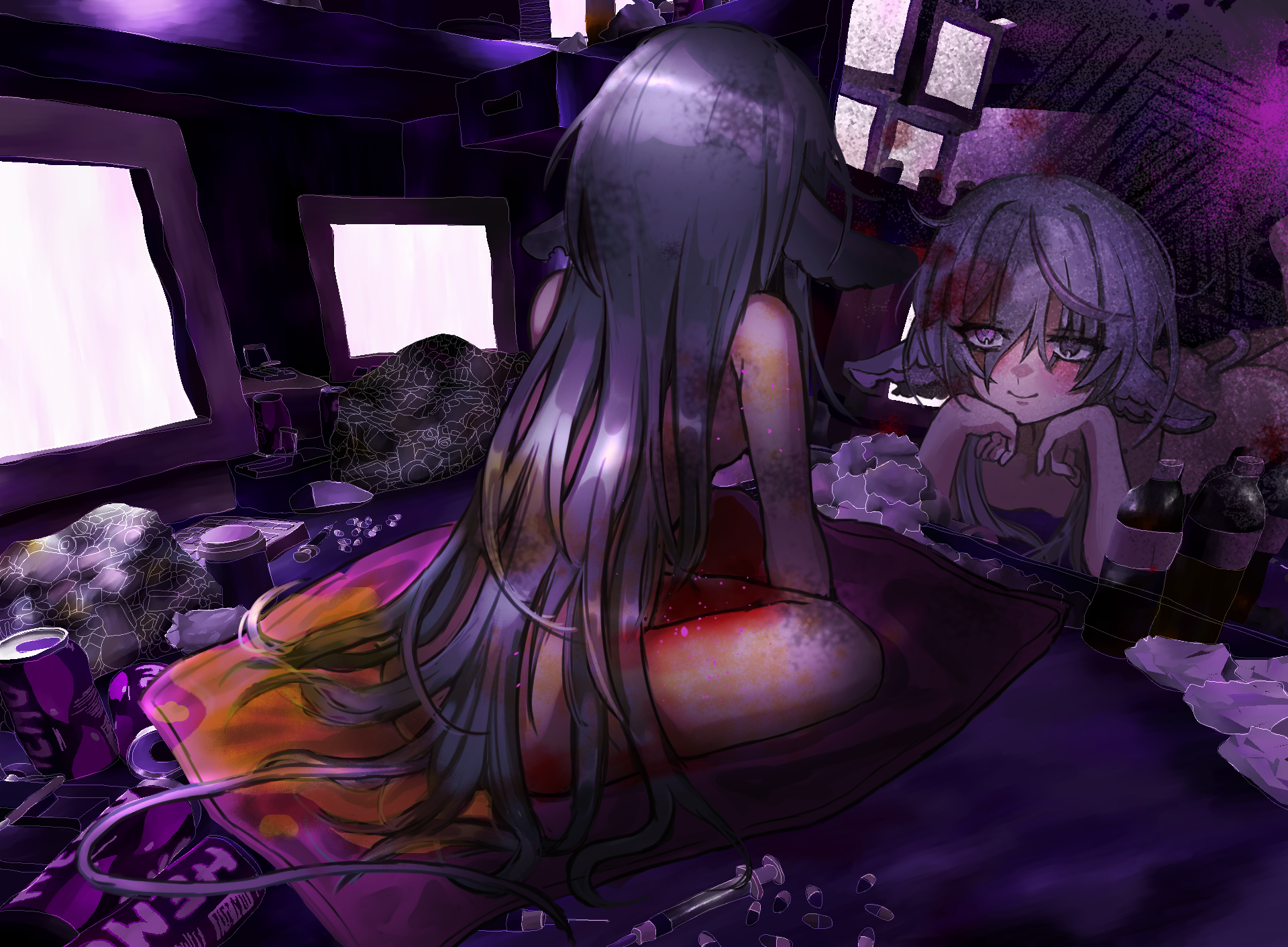 56koruru, highres, non-web source, 1girl, after masturbation, animal ears, blood, blood on hands, blood splatter, broken glass, can, completely nude, crossed ankles, crt, different reflection, drink can, full body, glass, glass shard, heterochromia, id and i, lolratz, long hair, looking at reflection, lying, mirror, nude, on back, on bed, on stomach, pink eyes, pink hair, purple eyes, reflection, self-harm, seraline, sitting, too many cans, very long hair