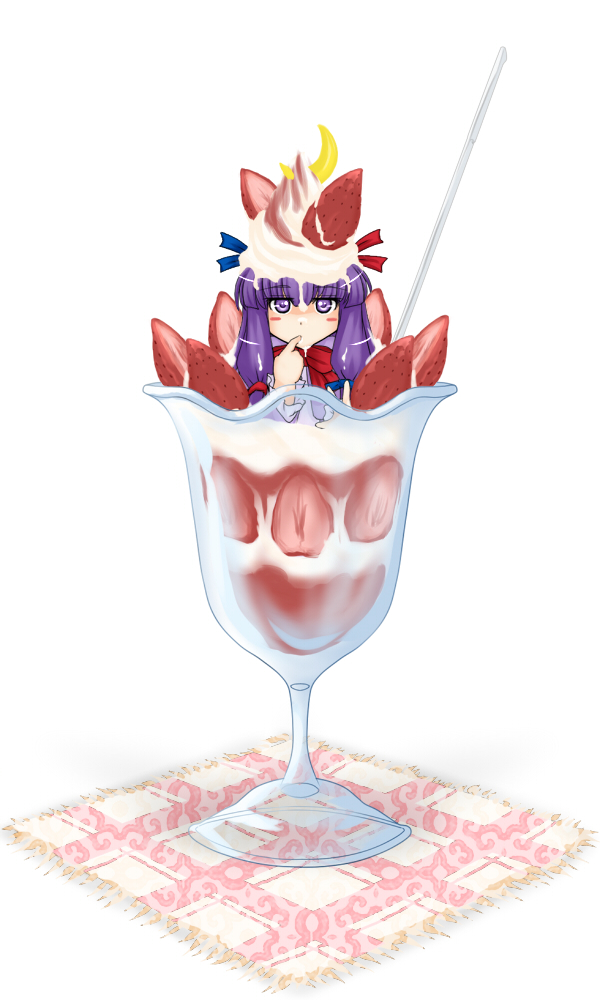 tadaneko, patchouli knowledge, touhou, 1girl, chibi, cream, cup, female focus, finger in own mouth, food, food as clothes, food on head, fruit, in container, in cup, in food, long hair, mini person, minigirl, object on head, parfait, purple eyes, purple hair, solo, strawberry, strawberry parfait