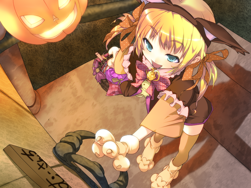 alric, original, 1girl, animal ears, animal hands, basket, blonde hair, blue eyes, candy, cat ears, cat girl, cat paws, female focus, food, hair ribbon, halloween, jack-o'-lantern, pumpkin, ribbon, solo, thighhighs, twintails