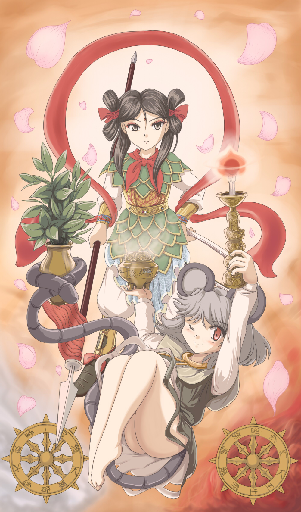 flx, bishamonten, nazrin, touhou, highres, md5 mismatch, resolution mismatch, source smaller, 2girls, animal ears, bad anatomy, bad feet, barefoot, black eyes, black hair, blush, feet, female focus, grey hair, hair ribbon, mouse ears, mouse tail, multiple girls, one eye closed, polearm, poorly drawn, red eyes, ribbon, spear, tail, weapon, wink