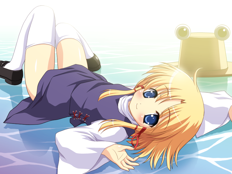 yamasan, moriya suwako, touhou, 1girl, blonde hair, blue eyes, female focus, hat, lying, ribbon, short hair, solo, thighhighs