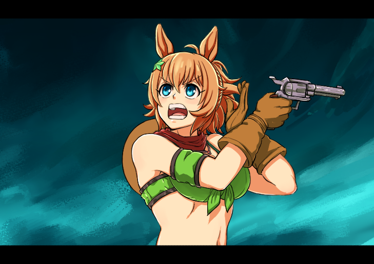 kantou rengou, taiki shuttle (umamusume), taiki shuttle (wild frontier) (umamusume), gundou musashi, umamusume, commentary request, 1girl, animal ears, armband, bandana, bandeau, bare shoulders, blue eyes, brown gloves, brown hair, brown hat, cowboy hat, gloves, green armband, green bandeau, gun, hair between eyes, hair ornament, handgun, hat, holding, holding gun, holding weapon, horse ears, horse girl, looking up, navel, open mouth, parody, quality, red bandana, revolver, solo, star (symbol), star hair ornament, upper body, weapon