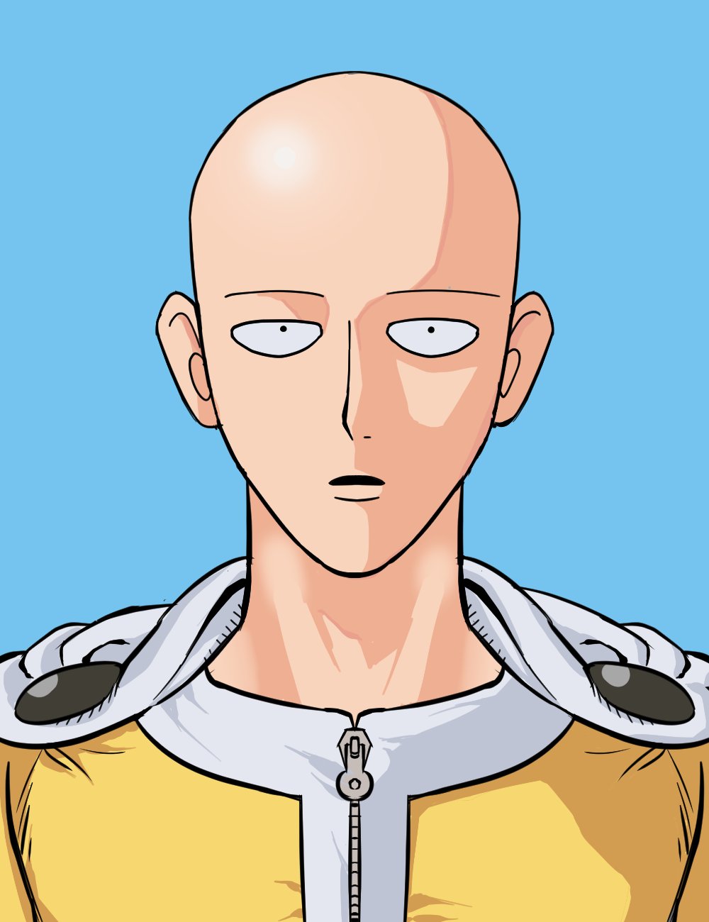 saitama (one-punch man), one-punch man, commentary request, highres, korean commentary, 1boy, bald, black eyes, blue background, bodysuit, cape, geumni33, looking at viewer, male focus, open mouth, portrait, profile, simple background, solo, straight-on, superhero costume, white cape, yellow bodysuit, zipper, zipper pull tab