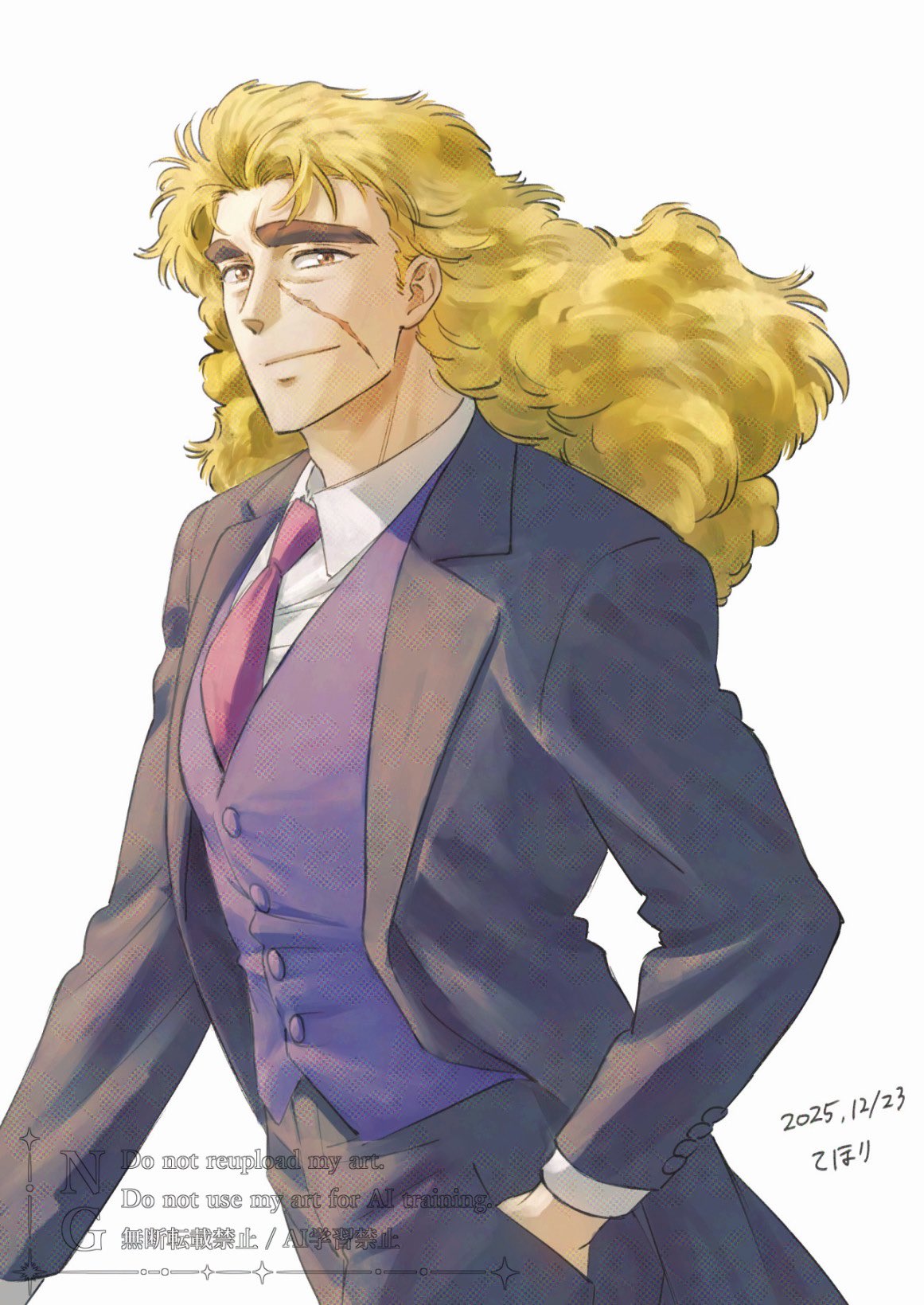 robert e. o. speedwagon, jojo no kimyou na bouken, phantom blood, fluffy hair, highres, 1boy, black jacket, blonde hair, brown eyes, dated, hand in pocket, jacket, long hair, long sleeves, looking at viewer, necktie, open clothes, open jacket, red necktie, scar, scar on face, shirt, simple background, solo, thick eyebrows, under under 01, upper body, watermark, white background, white shirt