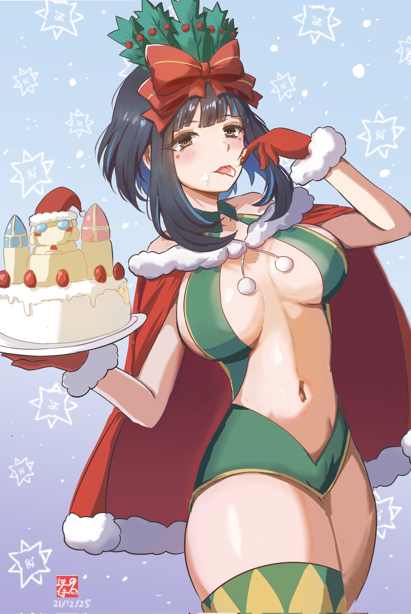 tetsu no samurai, tenochtitlan (fate), fate/grand order, fate (series), commentary request, highres, 1girl, black hair, blue hair, blush, breasts, cake, cape, christmas, colored inner hair, food, gloves, multicolored hair, navel, red cape, red gloves, revealing clothes, short hair, solo, tongue, tongue out, whipped cream
