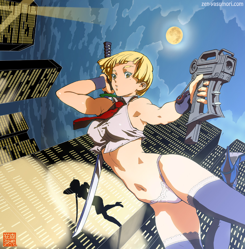 yasumori zen, original, 1girl, armpits, blonde hair, breasts, brown eyes, crop top, female focus, gun, katana, midriff, moon, necktie, outdoors, panties, short hair, sky, solo, sword, thighhighs, underwear, weapon