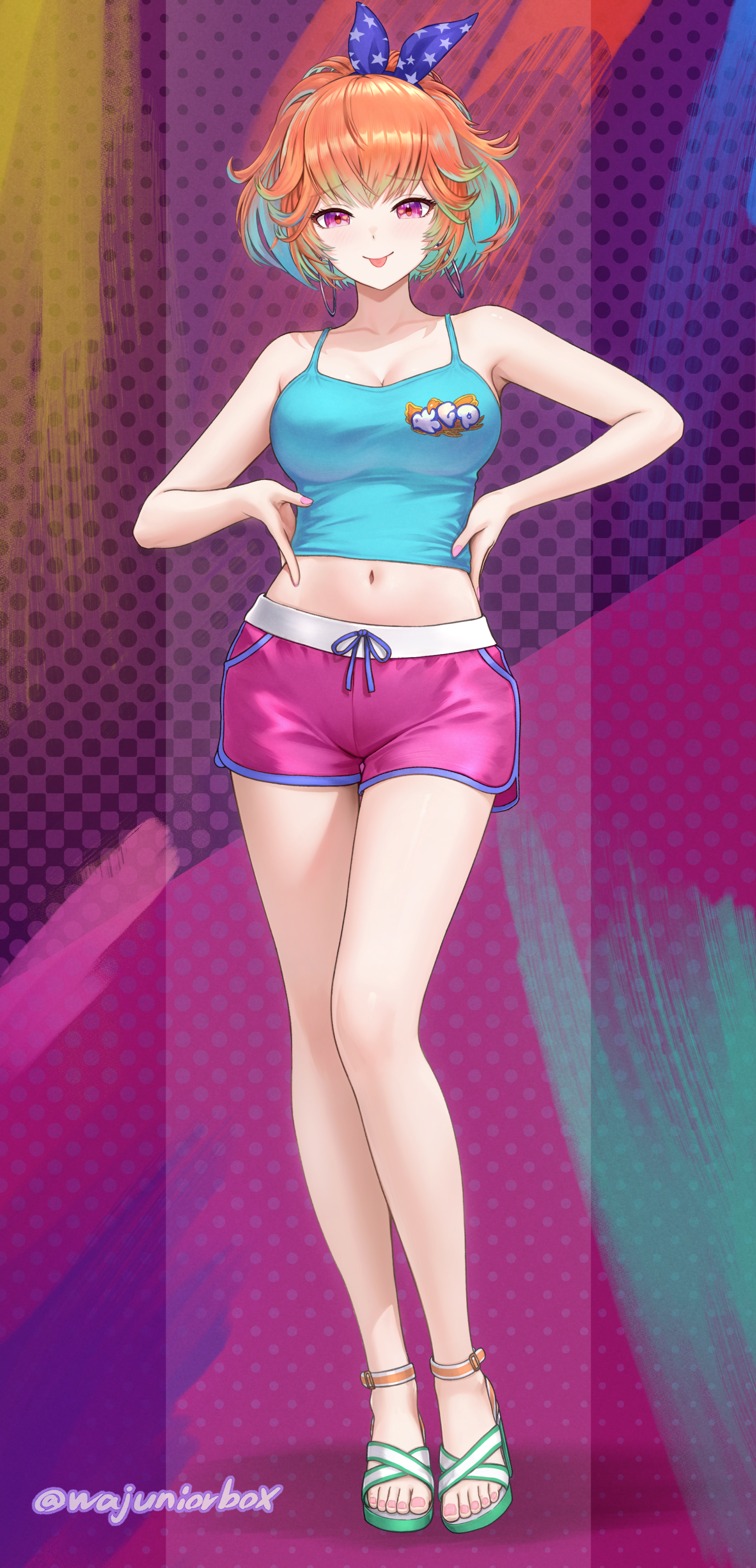 wajuniorbox, takanashi kiara, takanashi kiara (fever night), hololive, hololive english, absurdres, commentary, english commentary, highres, revision, 1girl, :p, bare legs, blue camisole, breasts, camisole, cleavage, crop top, dolphin shorts, earrings, feet, full body, hoop earrings, jewelry, legs, medium breasts, midriff, nail polish, navel, pink nails, pink shorts, polka dot, polka dot background, ponytail, purple eyes, sandals, short ponytail, short shorts, shorts, solo, standing, thighs, toenail polish, toenails, toes, tongue, tongue out, virtual youtuber, wide ponytail