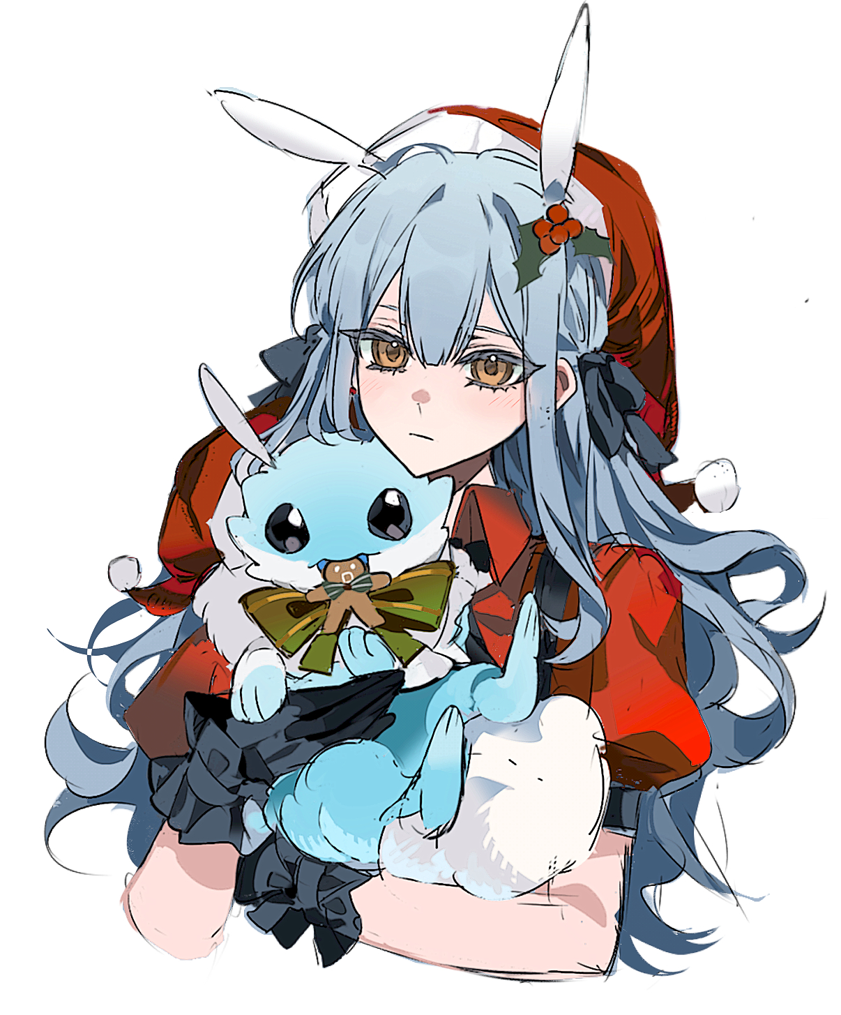 ne2op, oblivionis (bang dream!), togawa sakiko, bang dream!, bang dream! it's mygo!!!!!, character request, chinese commentary, commentary request, copyright request, highres, 1girl, black gloves, blue hair, closed mouth, gloves, hair ribbon, hat, long hair, red hat, red shirt, ribbon, santa hat, shirt, sidelocks, yellow eyes