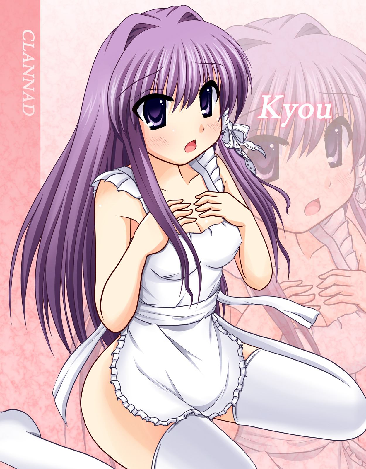 cross (artist), cross (crossryou), fujibayashi kyou, clannad, highres, 00s, 1girl, apron, female focus, long hair, naked apron, purple eyes, purple hair, solo, thighhighs, zoom layer